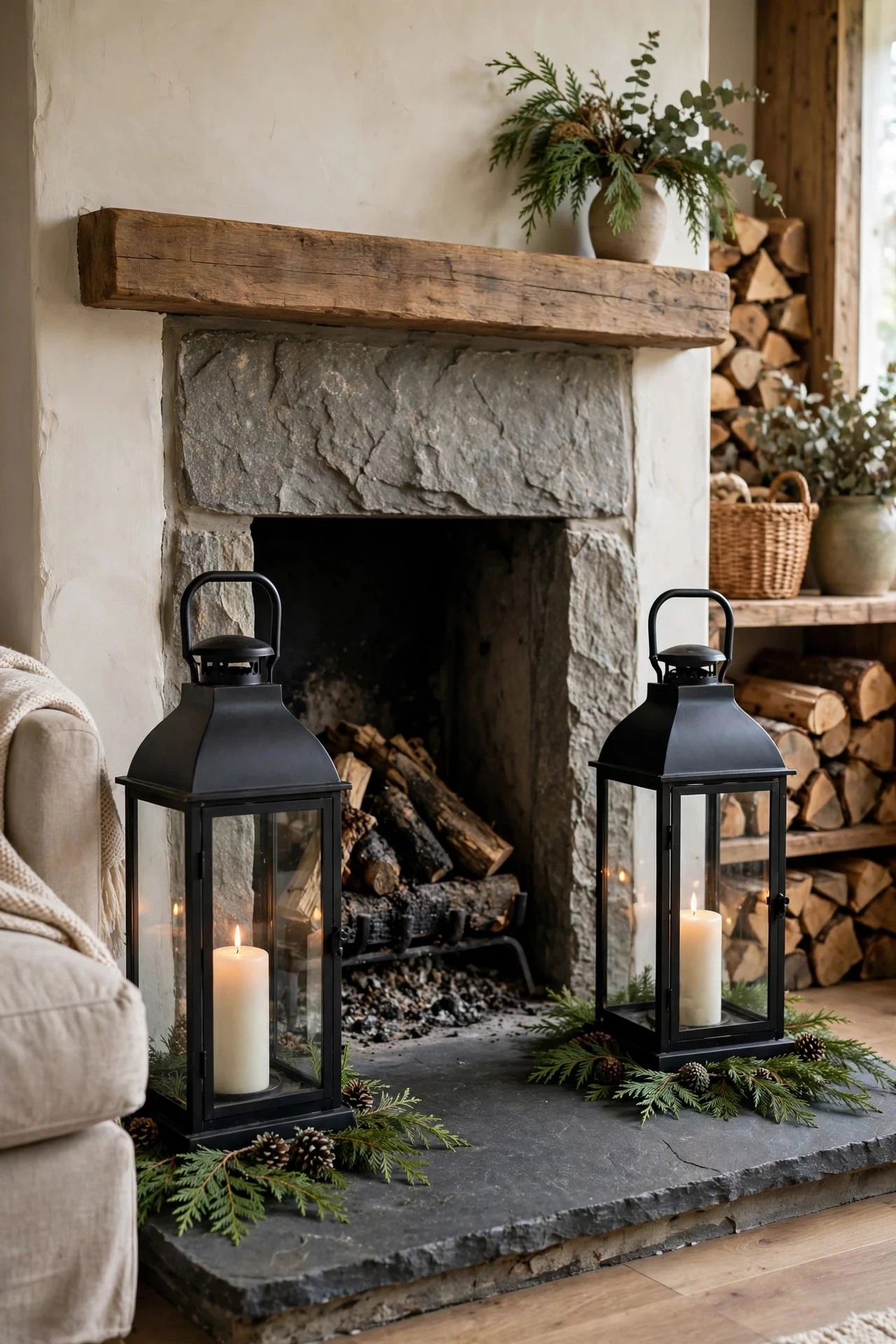 Large lanterns flanking a fireplace on the hearth