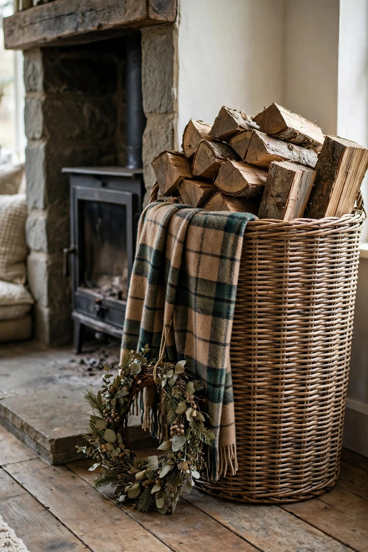 Woven basket of firewood styled beside a fireplace