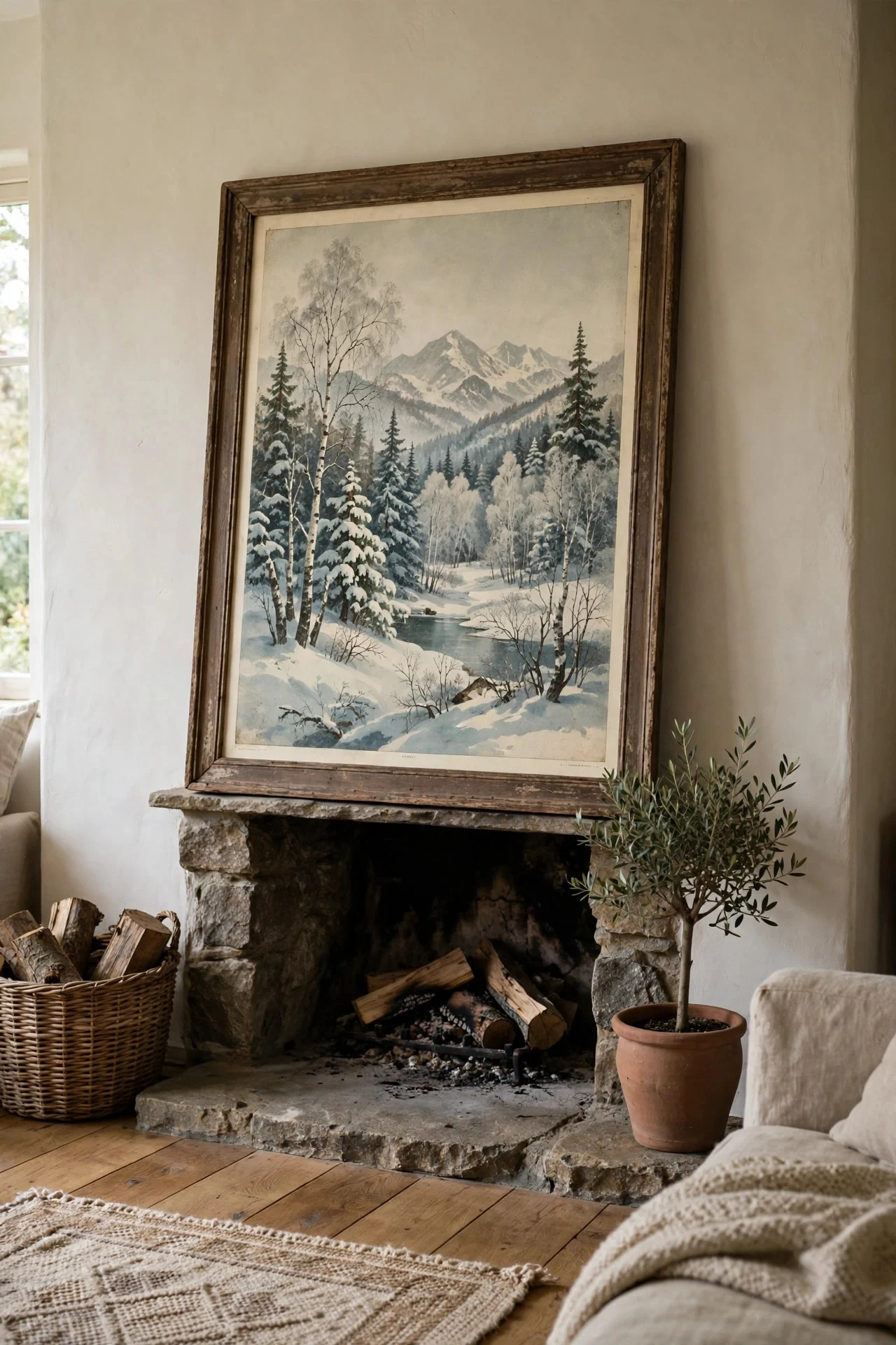 Large framed art leaning above a mantel-less fireplace