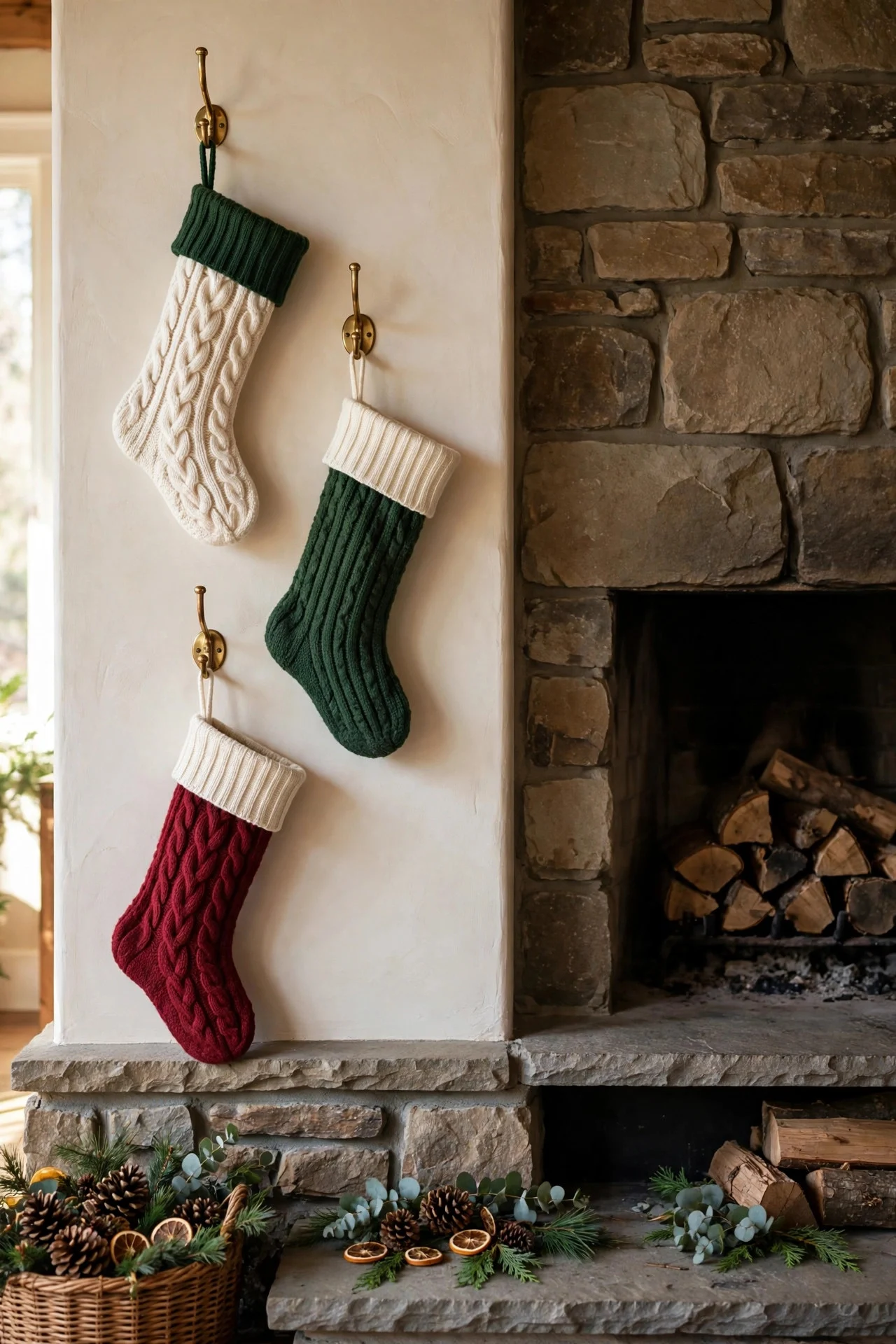 Stockings hanging from wall hooks beside a fireplace