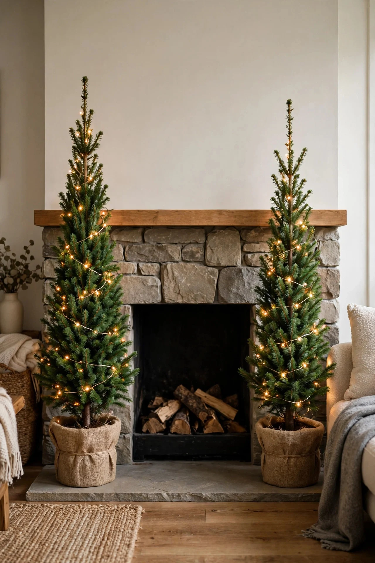 Slim potted evergreen trees flanking a fireplace