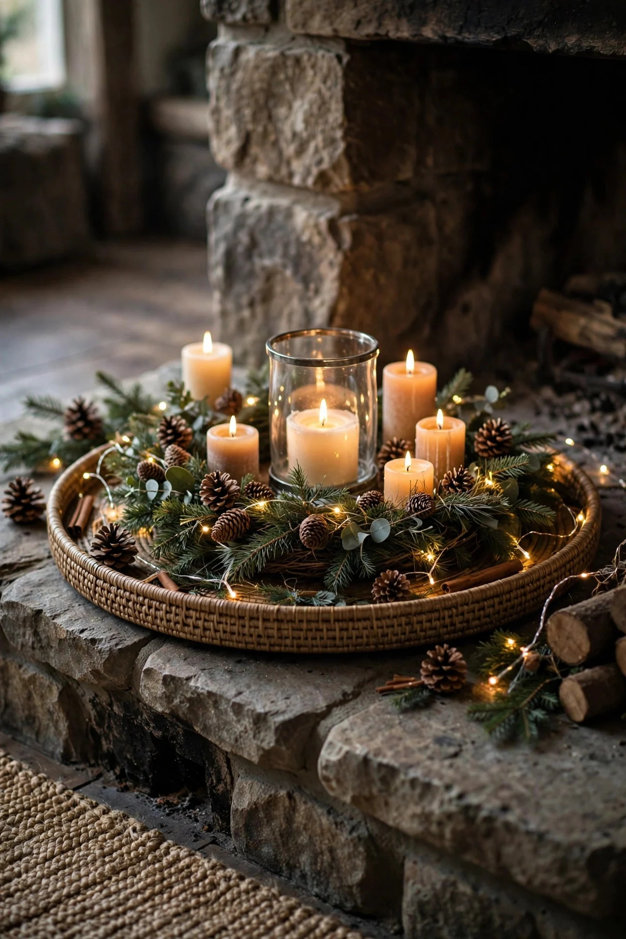 Vignette tray styled on a fireplace hearth