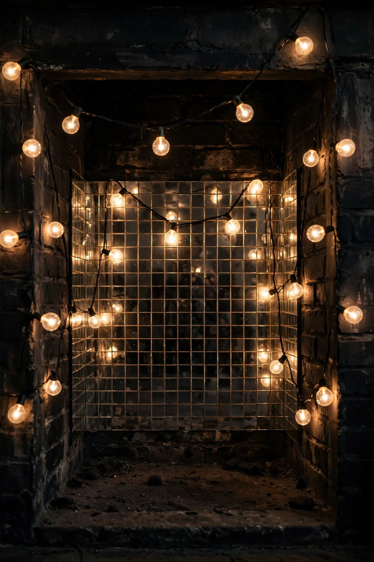 Globe string lights glowing inside a fireplace firebox