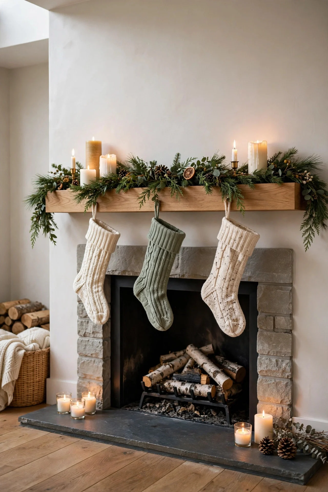 Floating wood shelf installed as a faux mantel above a fireplace