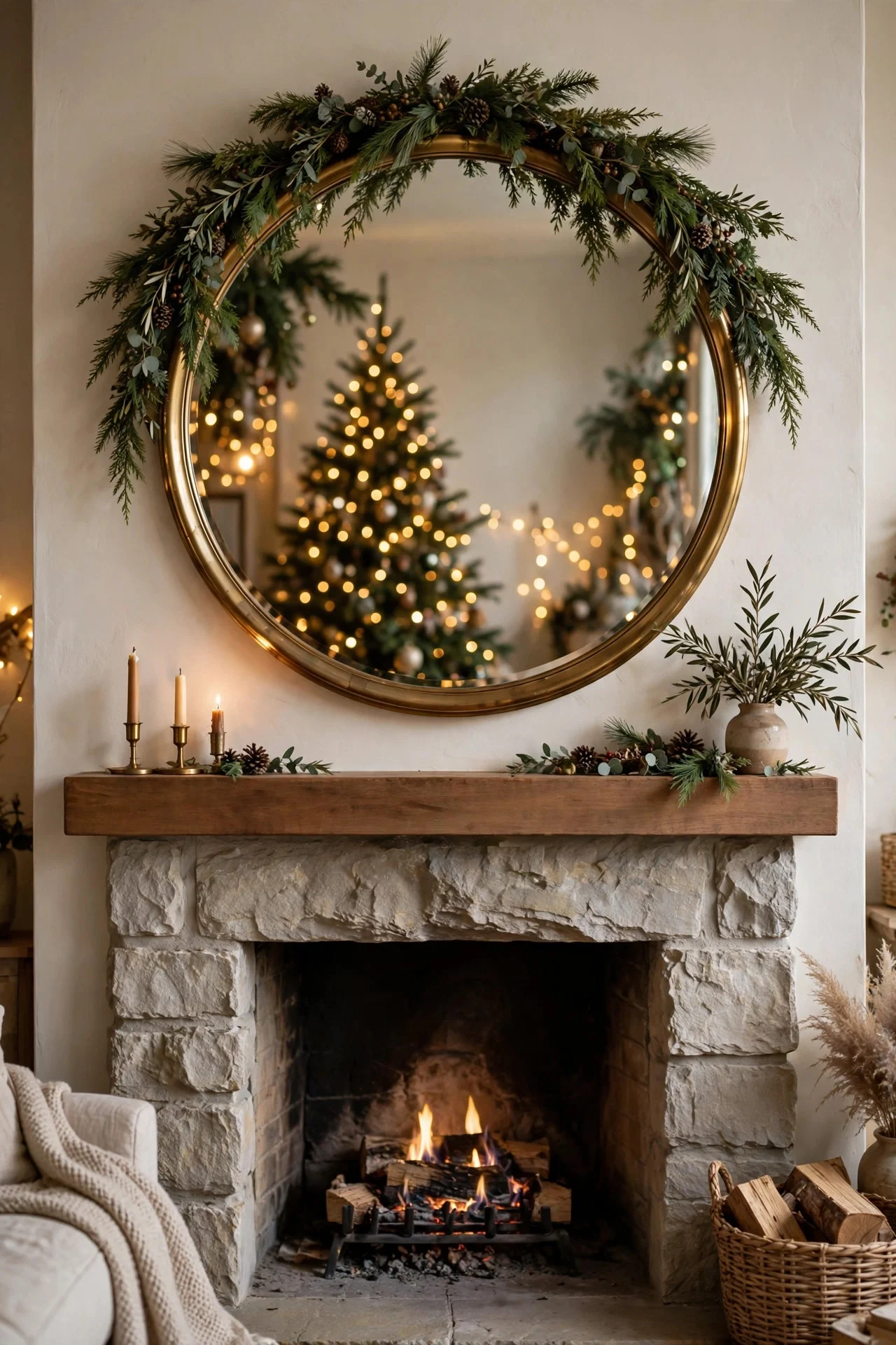 Large round mirror above a fireplace reflecting Christmas lights