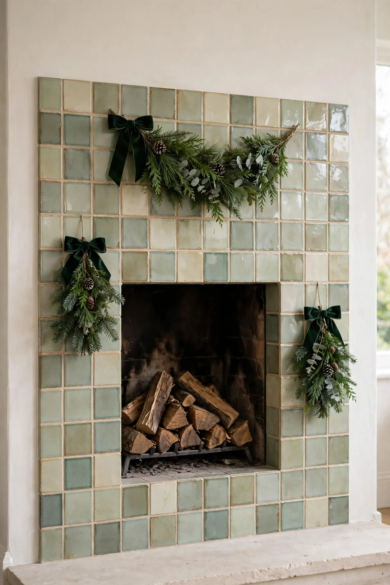 Small garland swags pinned to a tile fireplace surround
