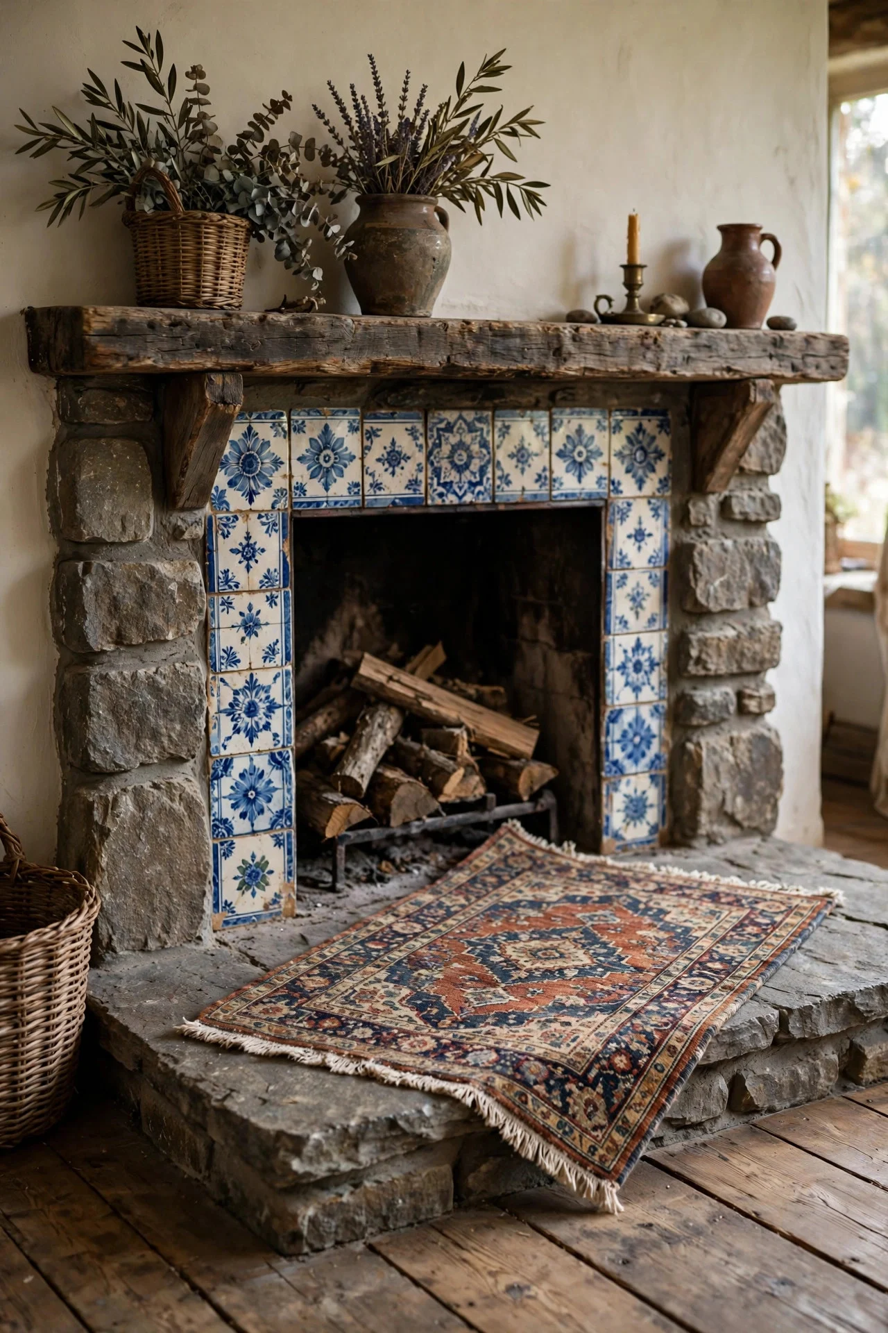 Small rug layered on a fireplace hearth