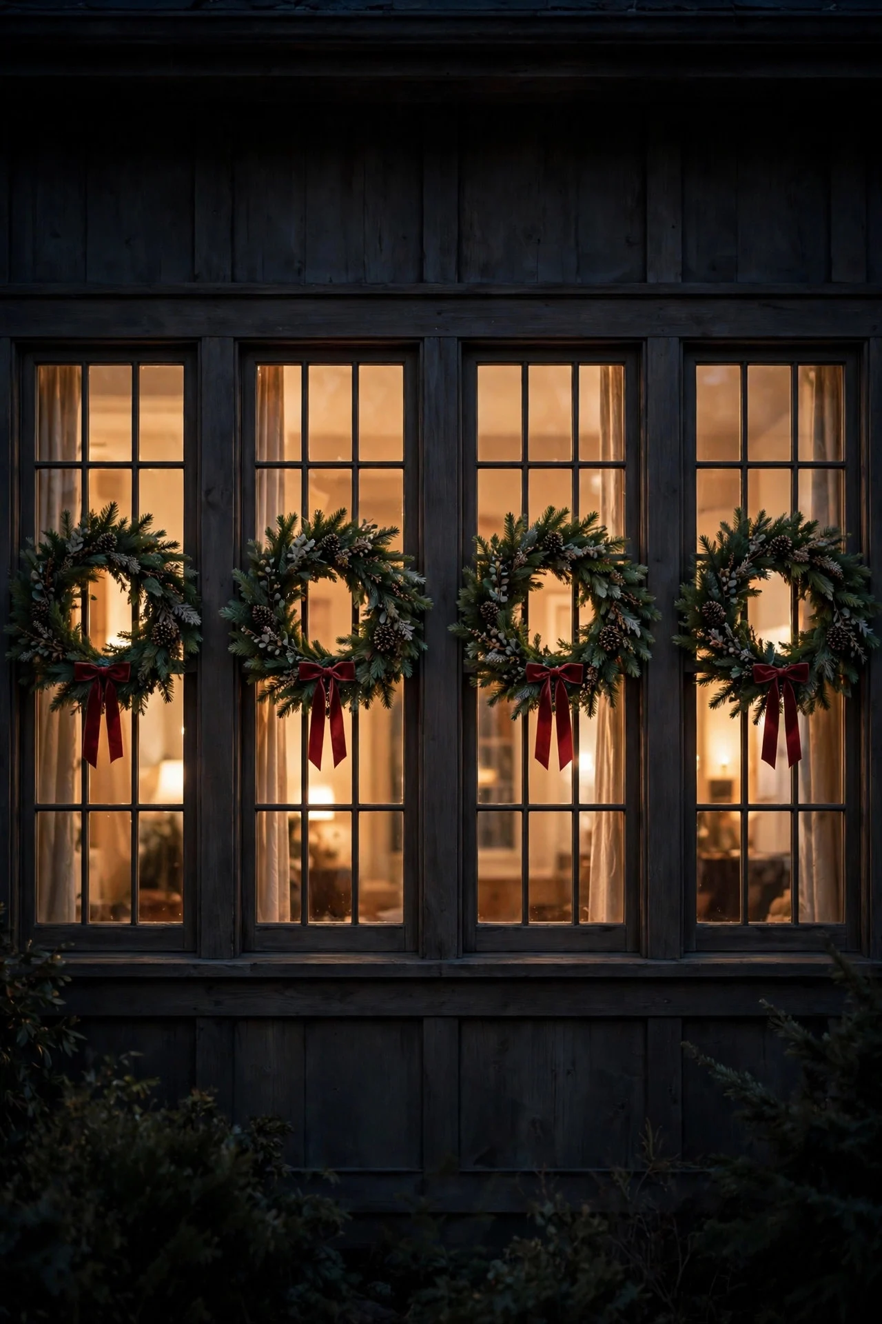Matching Christmas wreaths on every window seen from outside