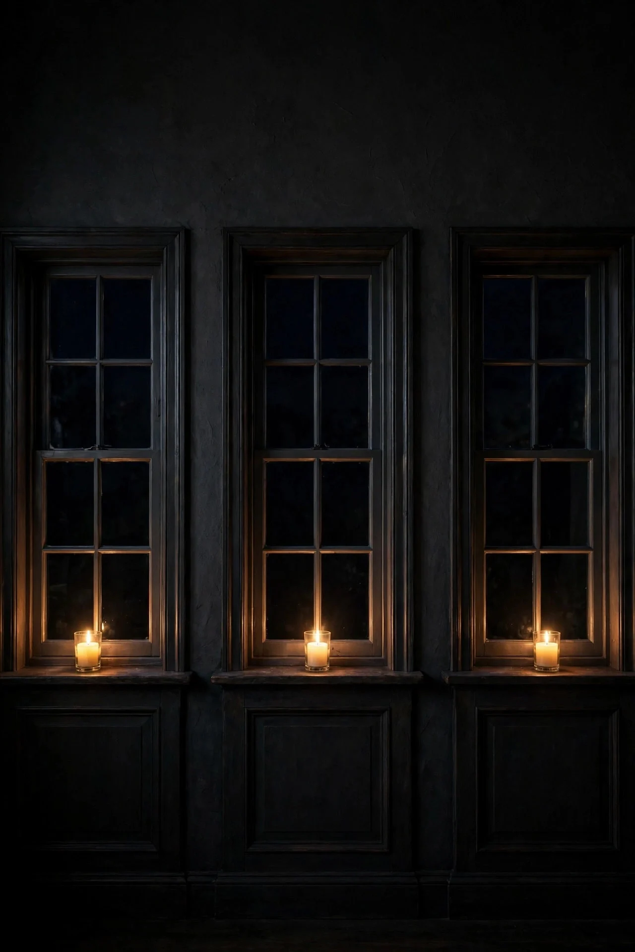 Single electric candle glowing in each window