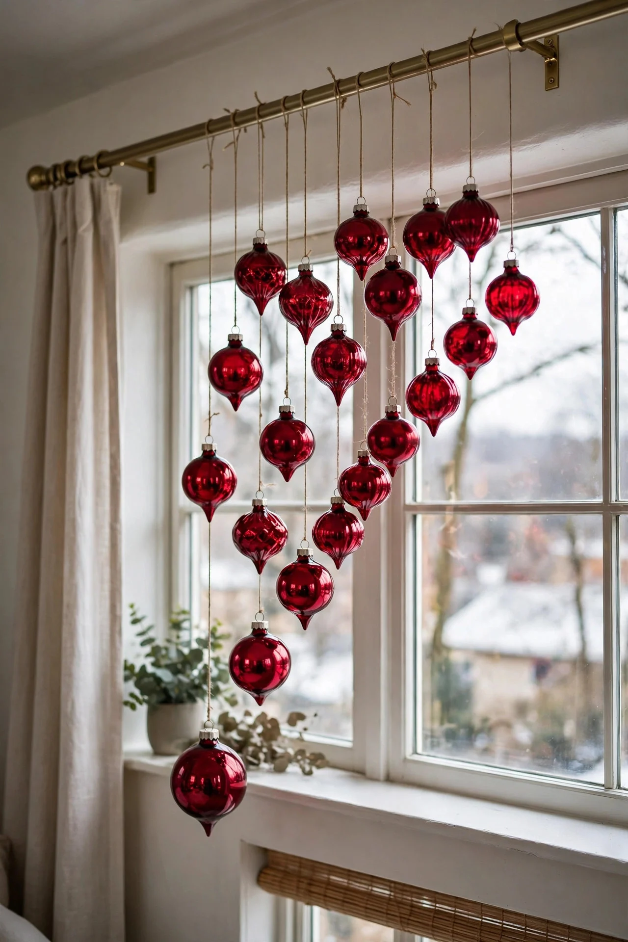 Glass ornaments hanging from a curtain rod in a window