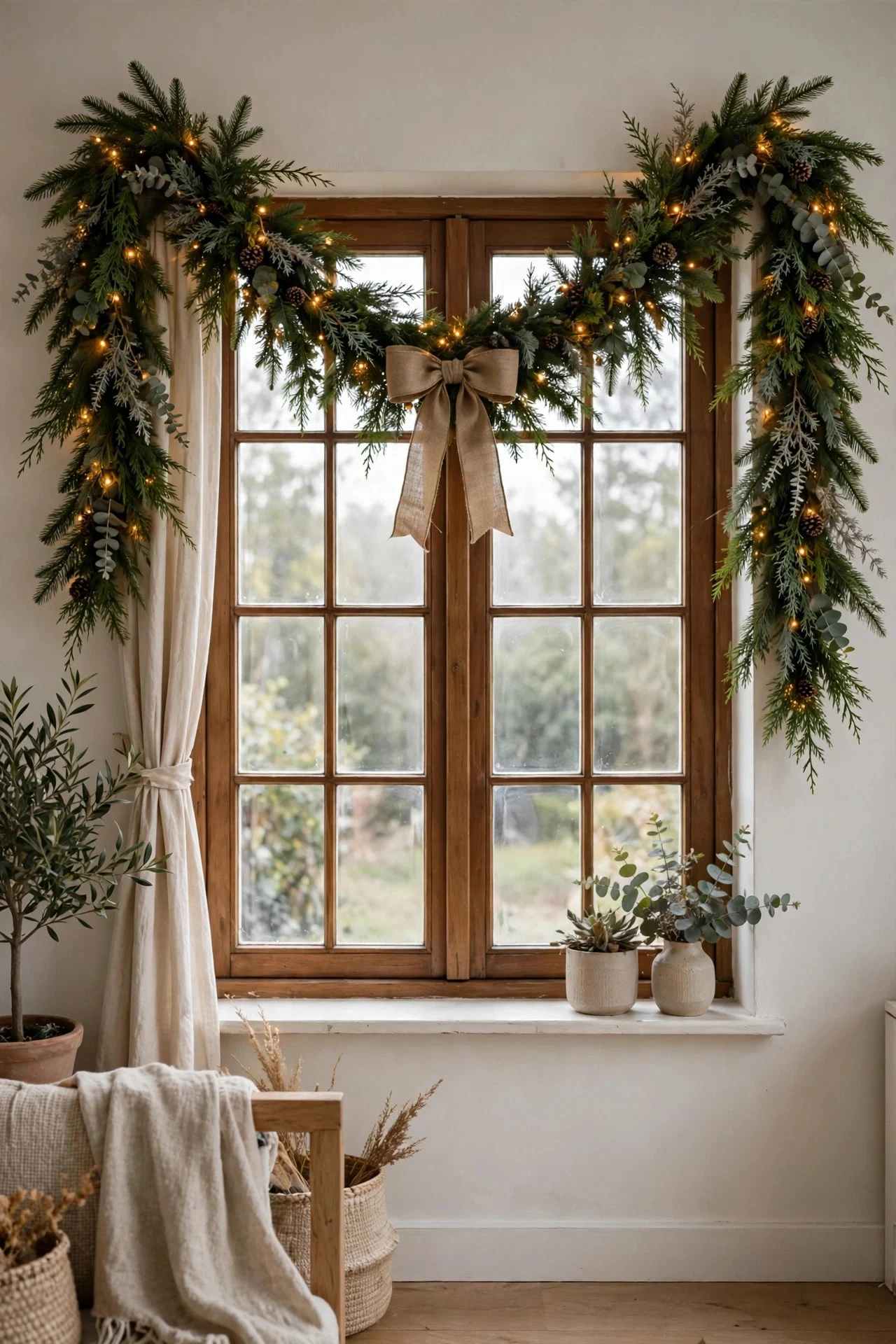 Garland swag draped across the top of a window