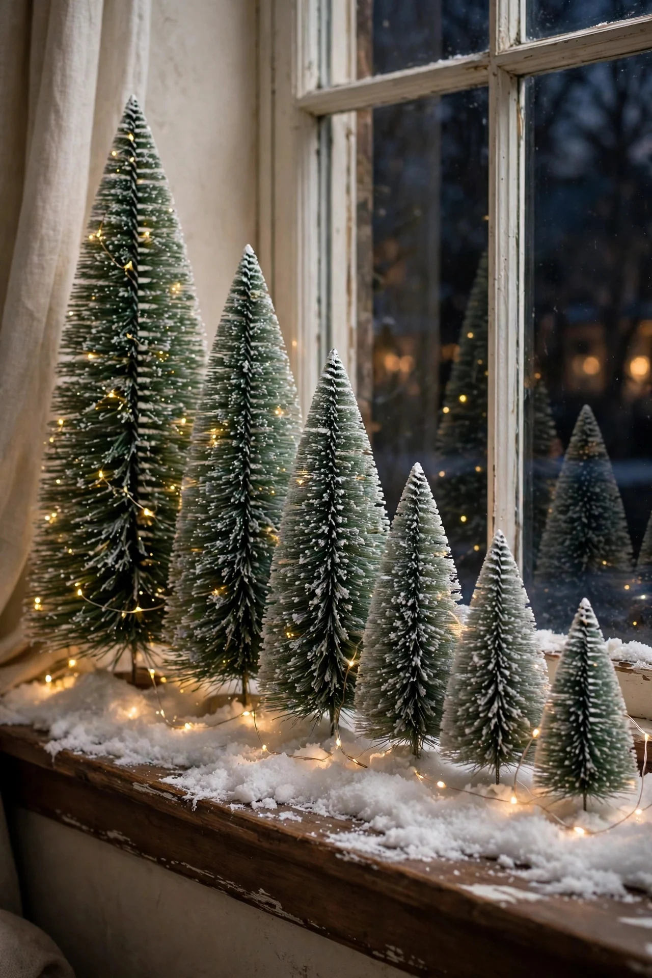 Bottle-brush tree forest arranged on a windowsill