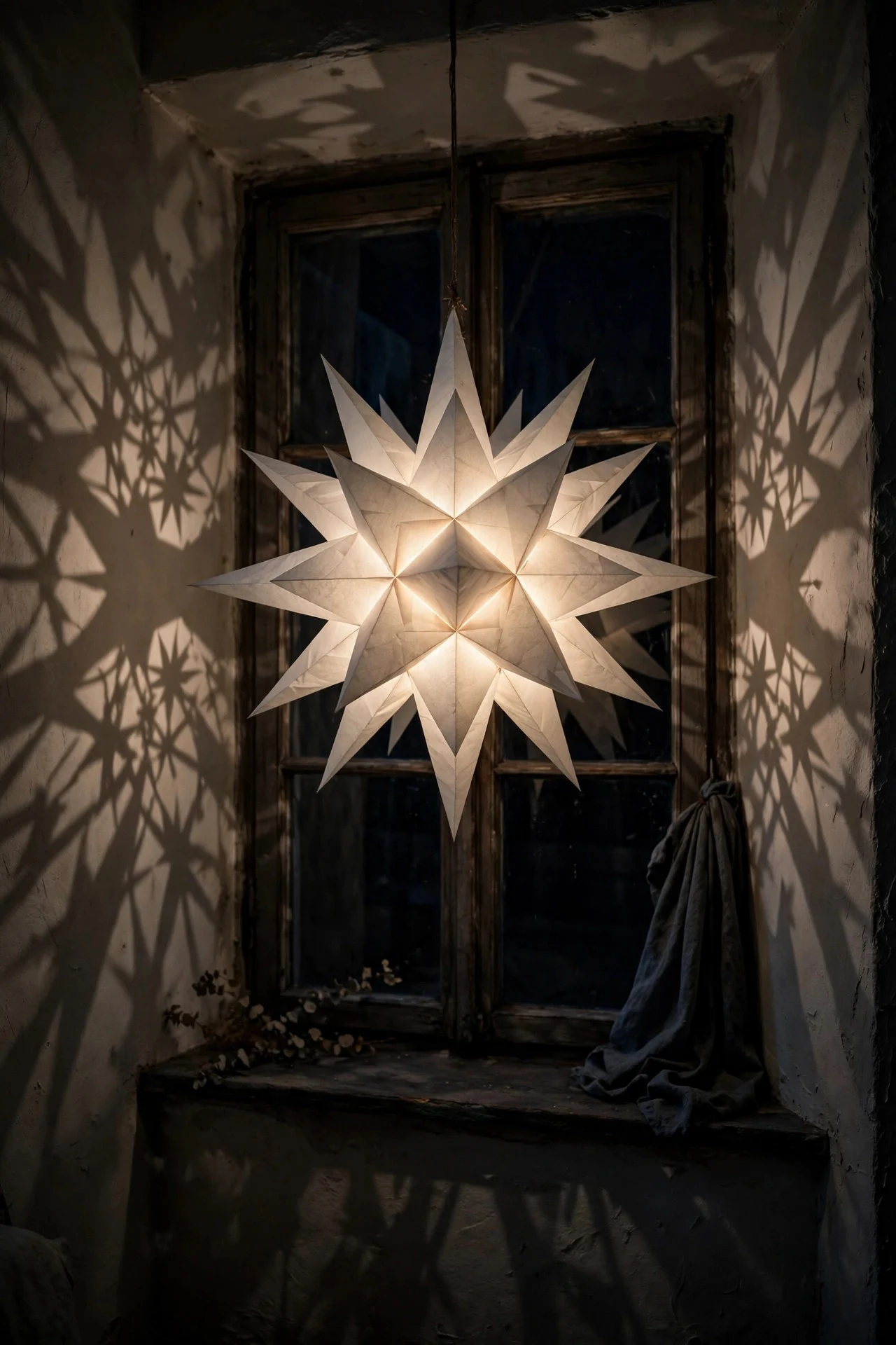 Glowing paper star lantern hanging in a window