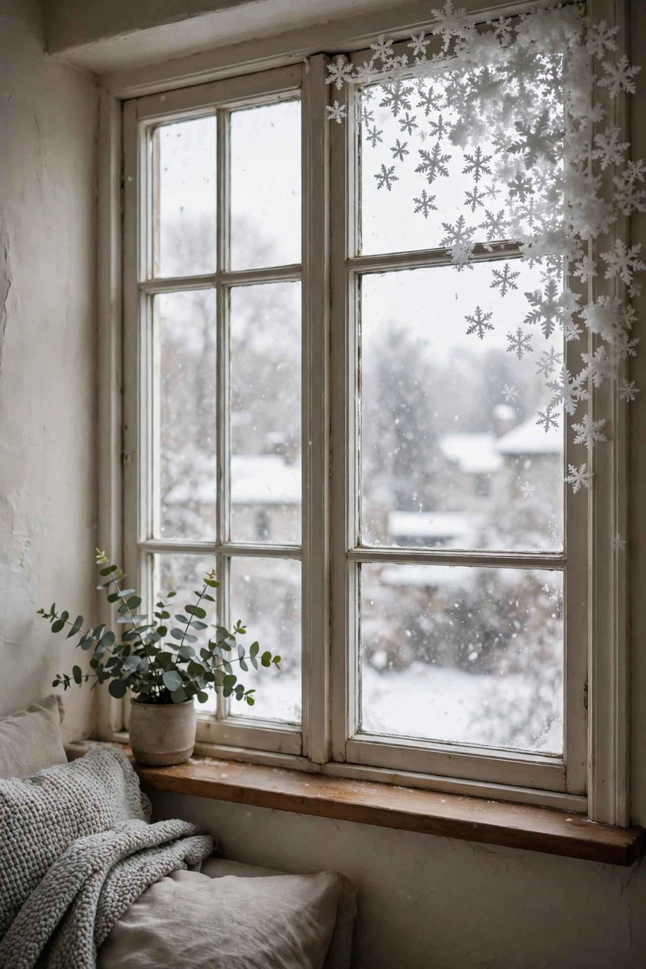 Snowflake window clings clustered in a window corner