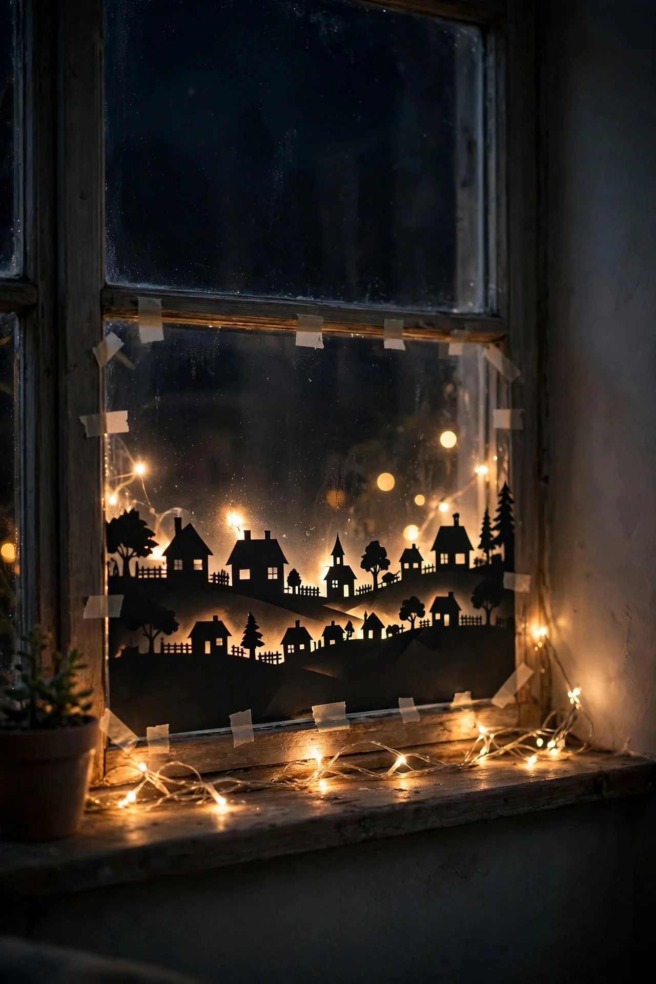Backlit paper village silhouette in a window at night