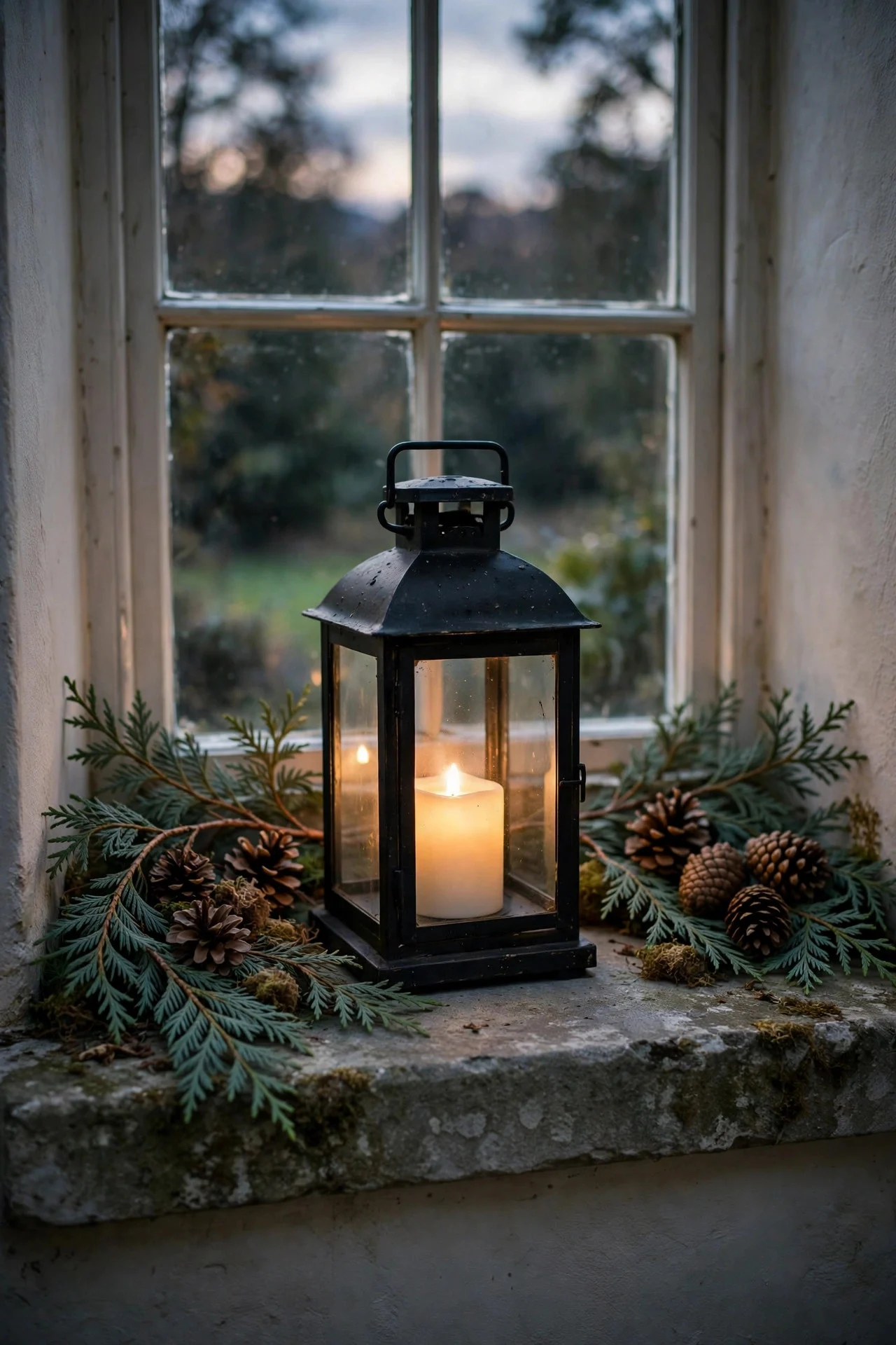 Lantern with greenery styled on a deep windowsill