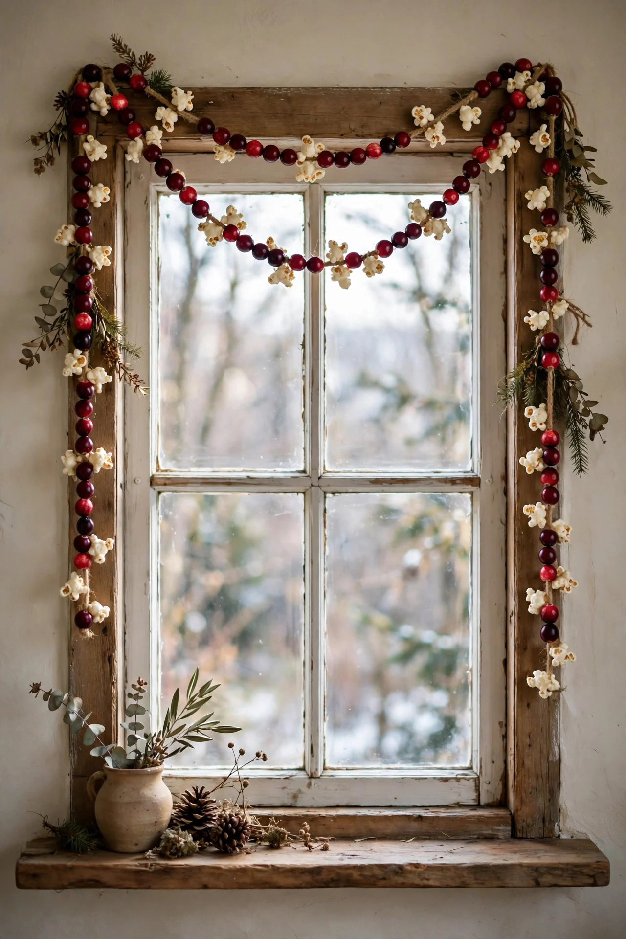 Cranberry and popcorn garland swagged across a window