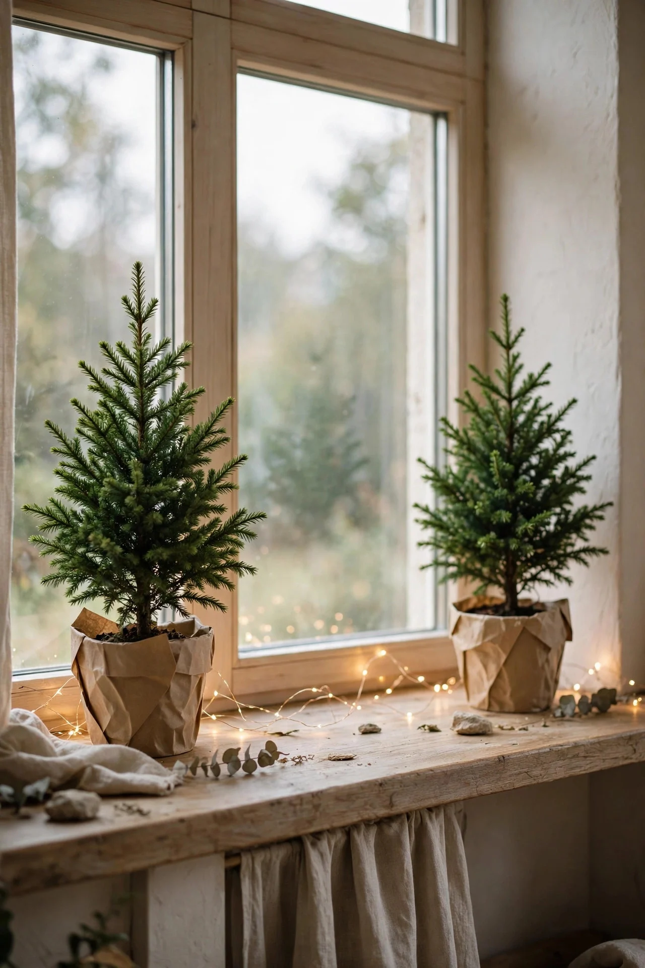 Pair of mini potted evergreens on a windowsill