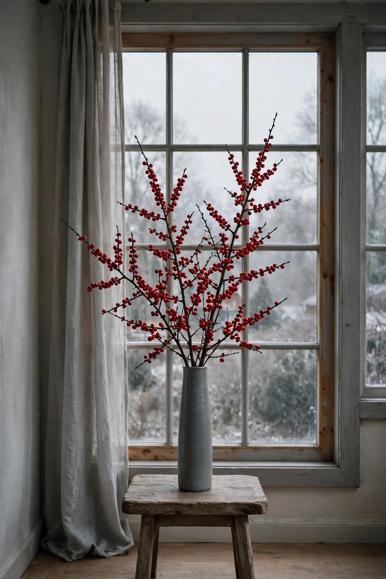 Red winterberry branches in a tall vase by a window