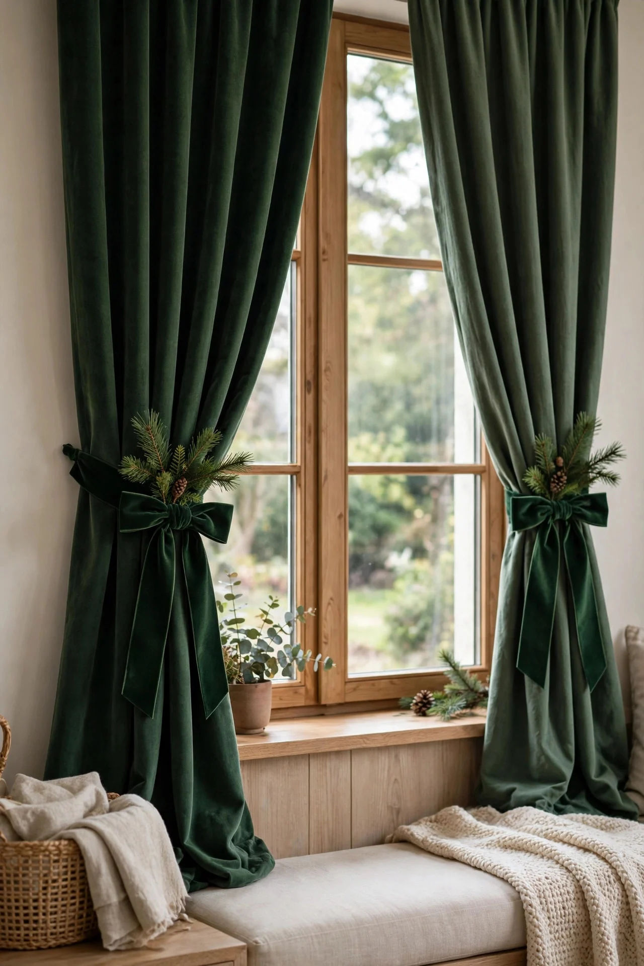 Curtains tied back with velvet Christmas ribbon bows