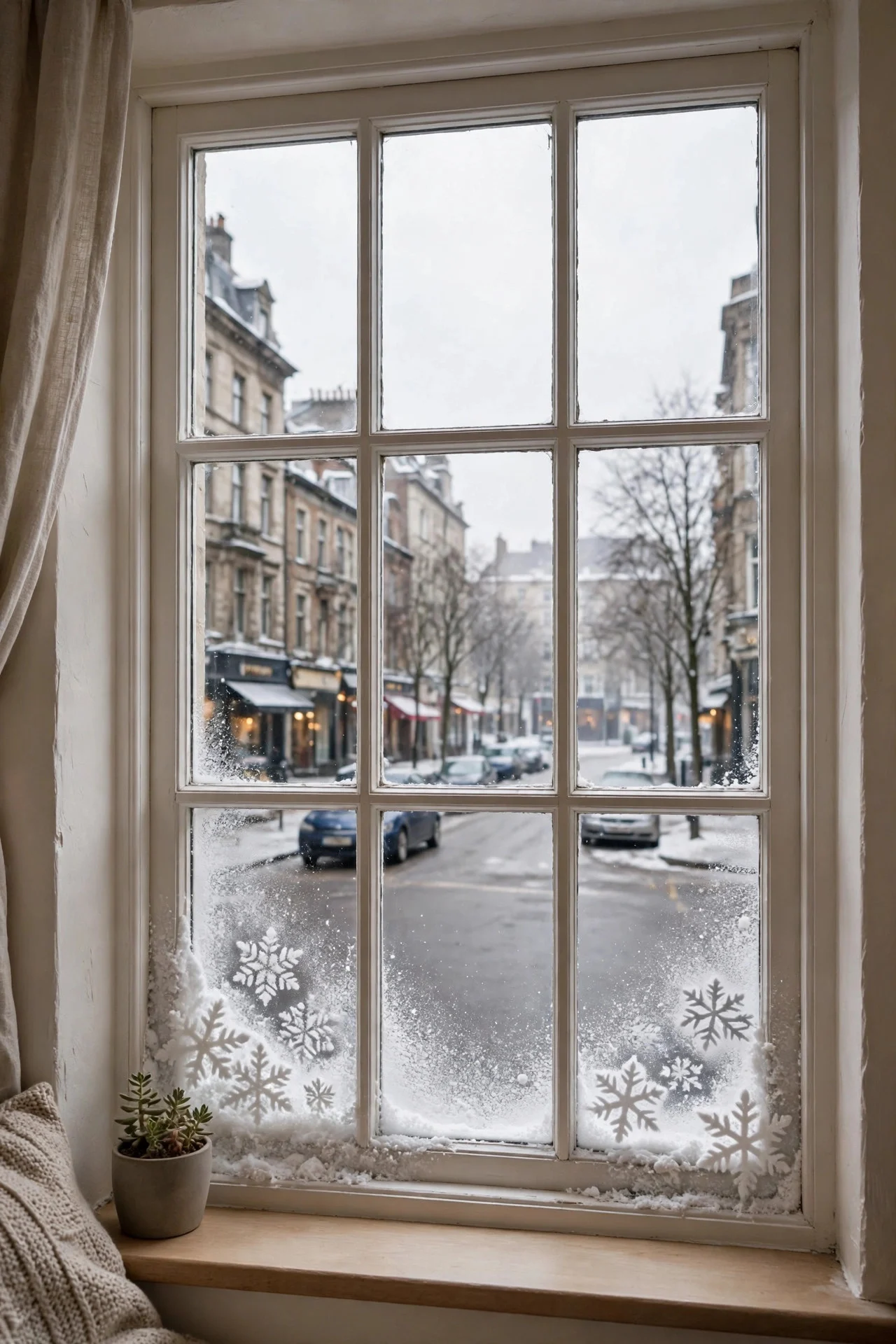 Spray snow stenciled snowflakes on window corners