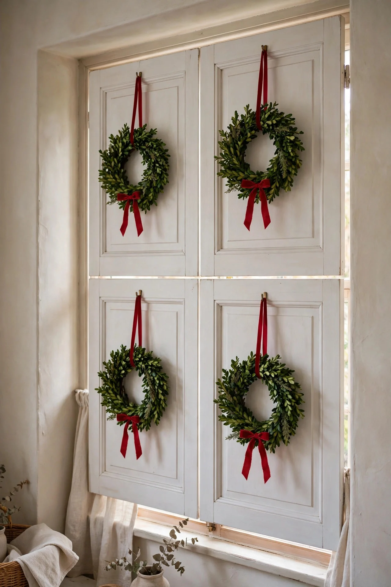 Mini wreaths hanging on window shutters