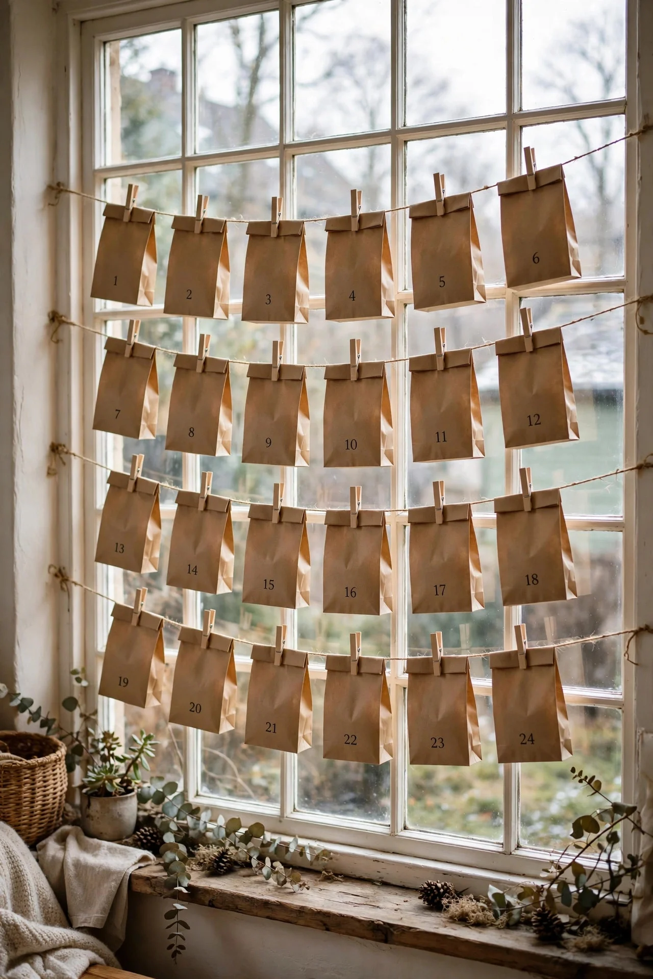 Numbered advent bags strung across a window