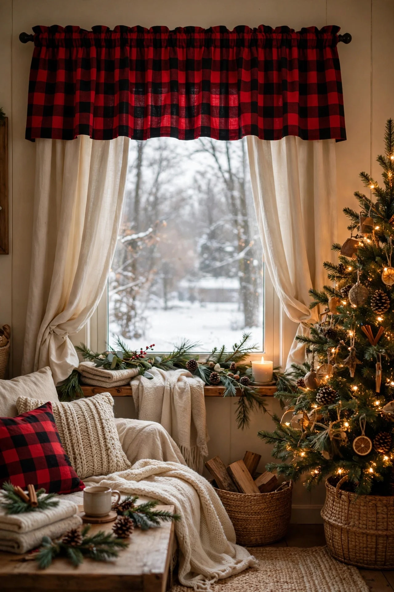 Buffalo plaid valance on a Christmas window