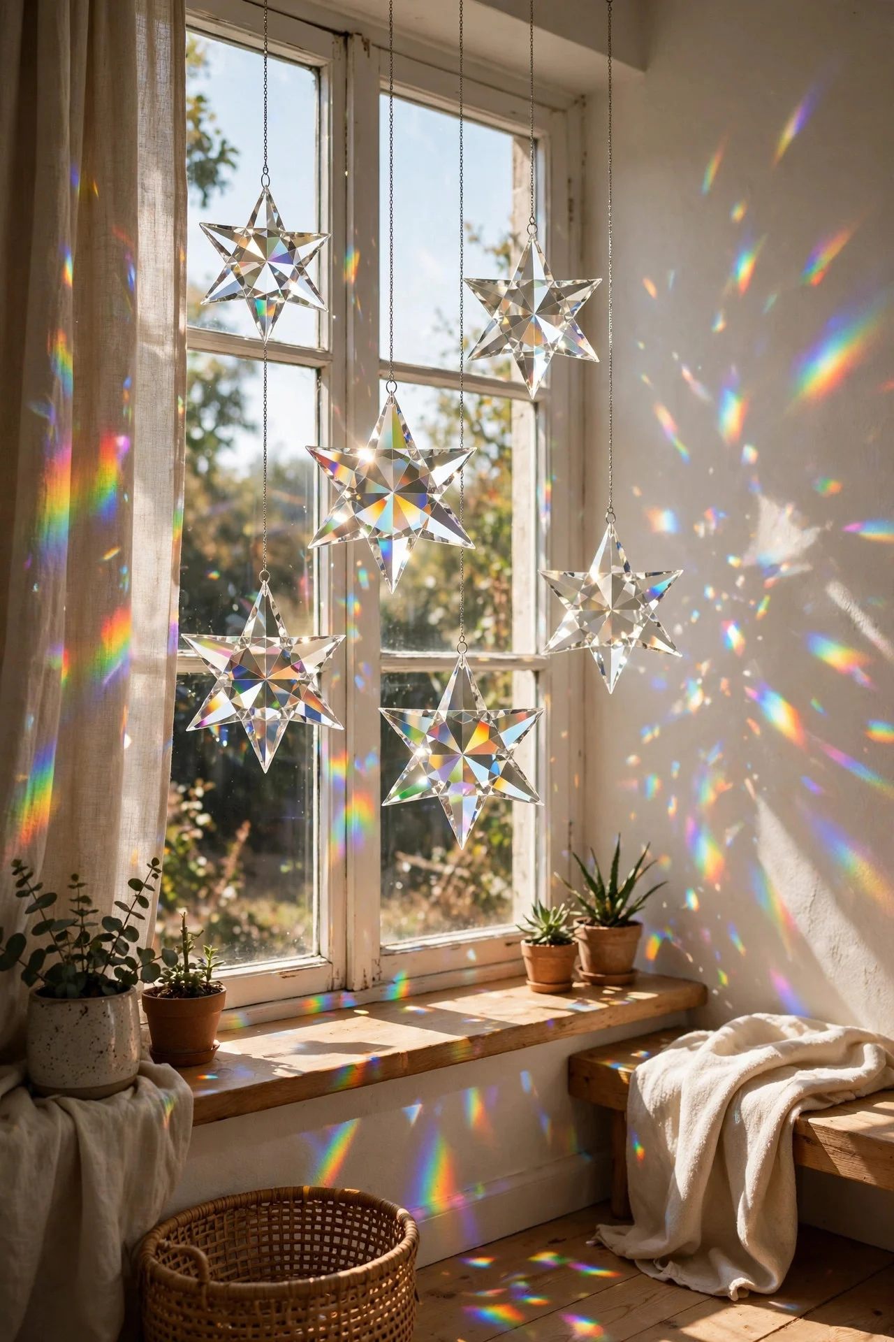 Crystal suncatchers throwing rainbows in a sunny window