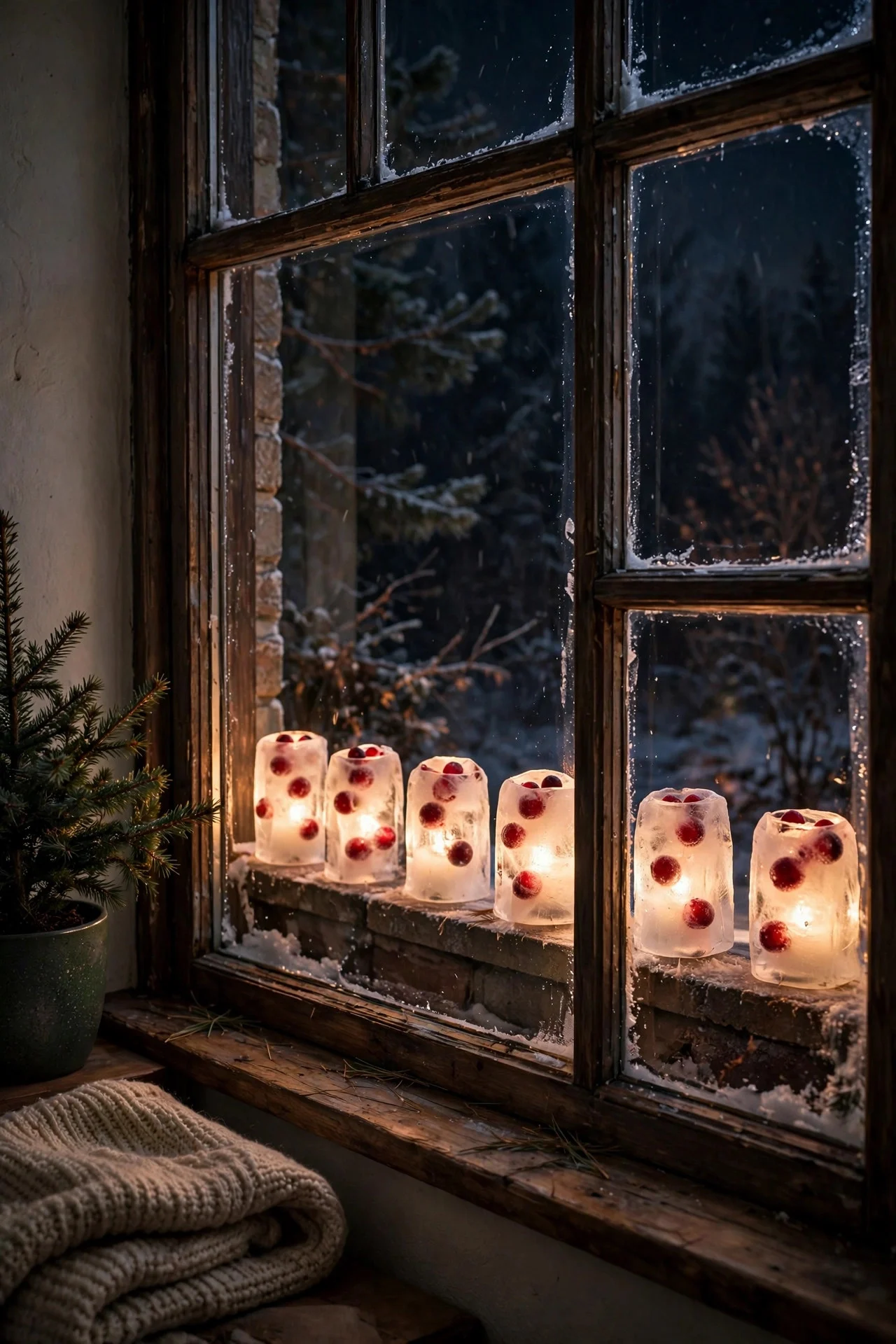 Ice lanterns glowing on an exterior windowsill