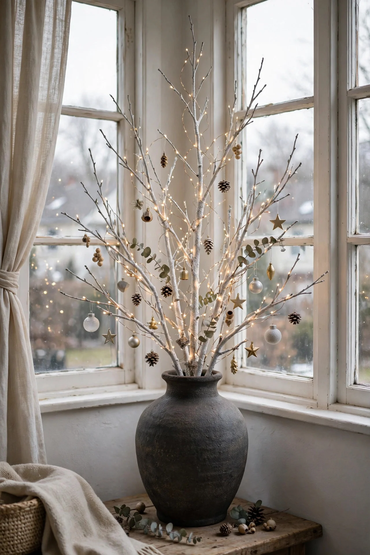 White branch with twinkle lights in a window corner