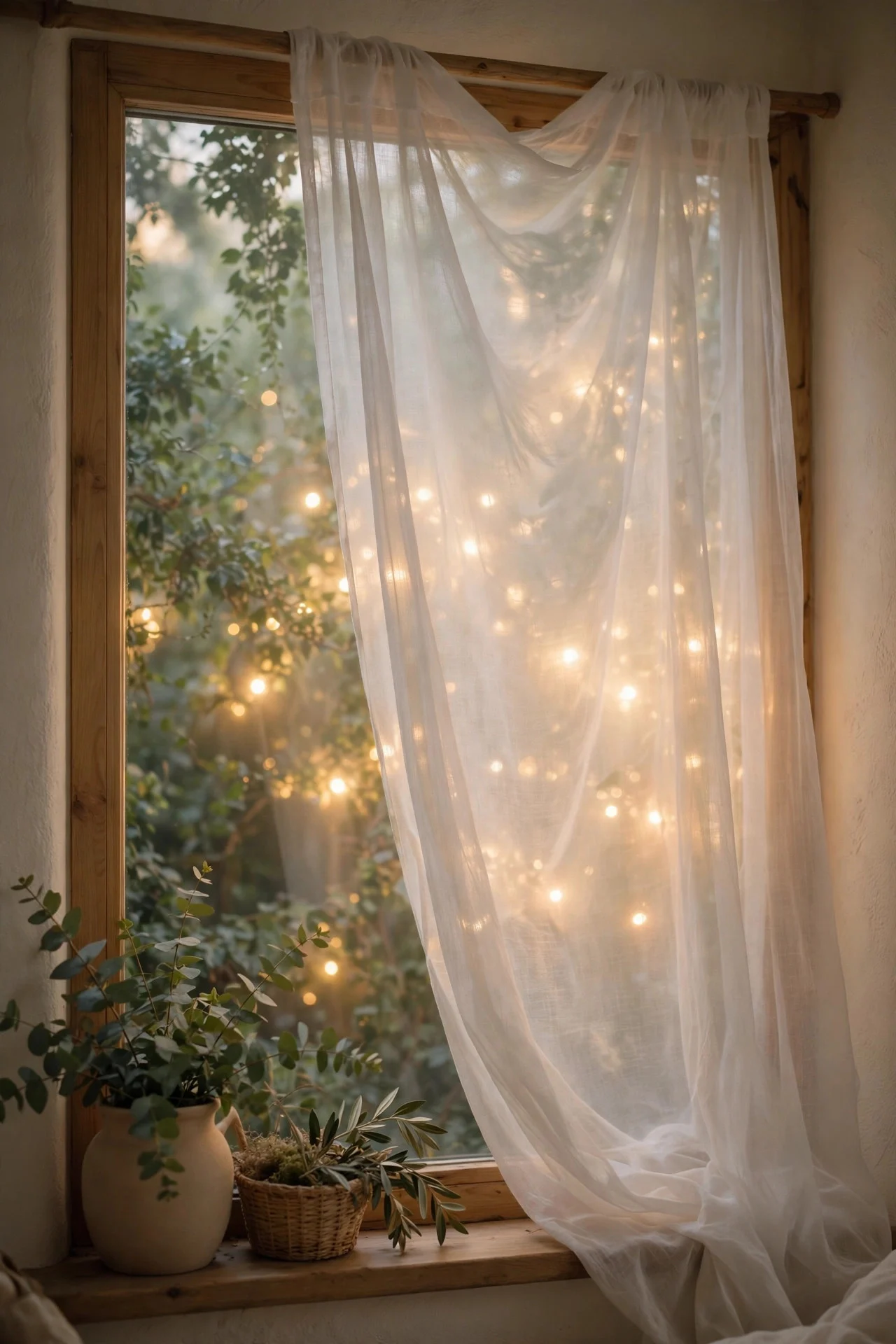 Sheer curtain diffusing fairy light glow in a window