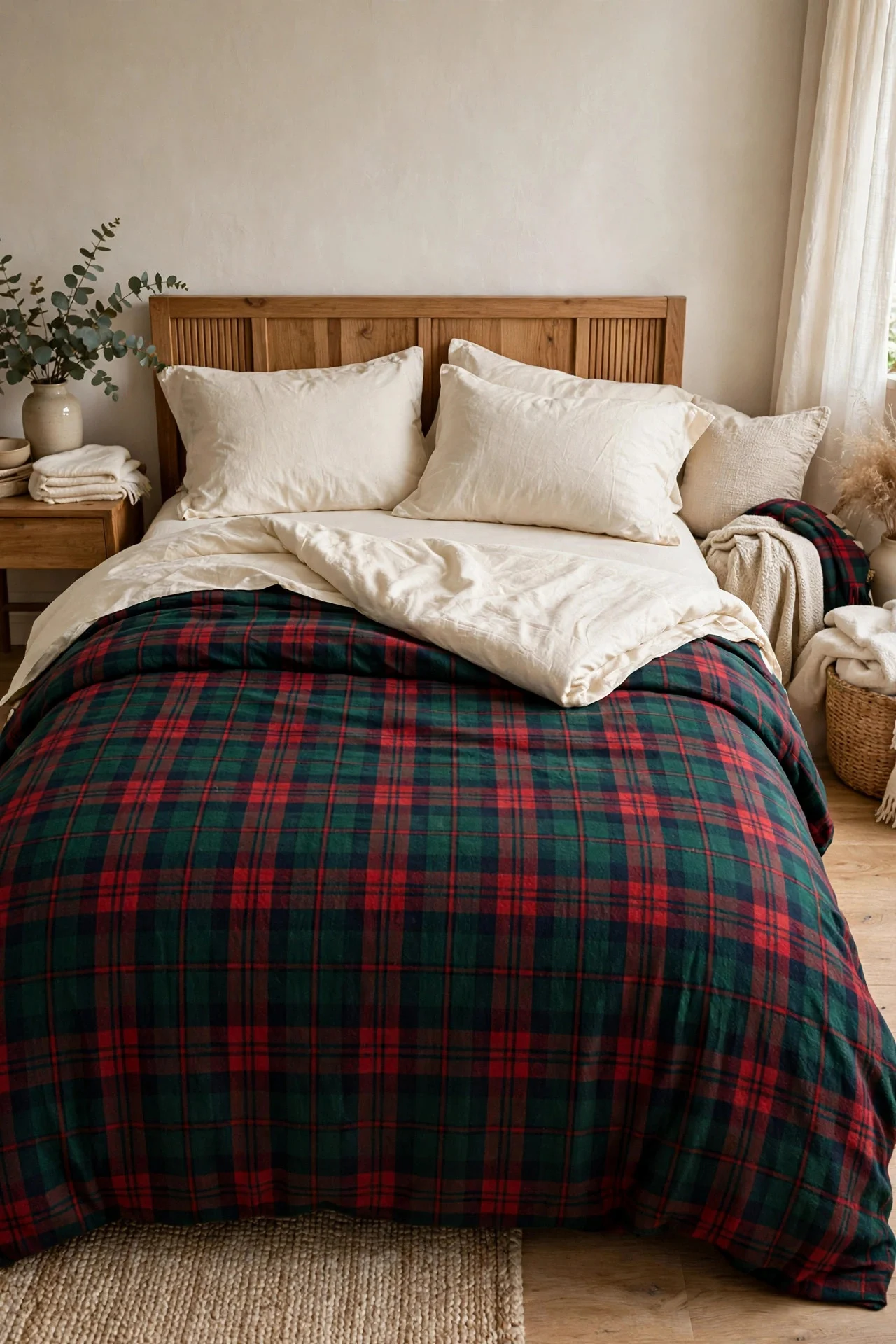 Bed with tartan flannel duvet cover for Christmas