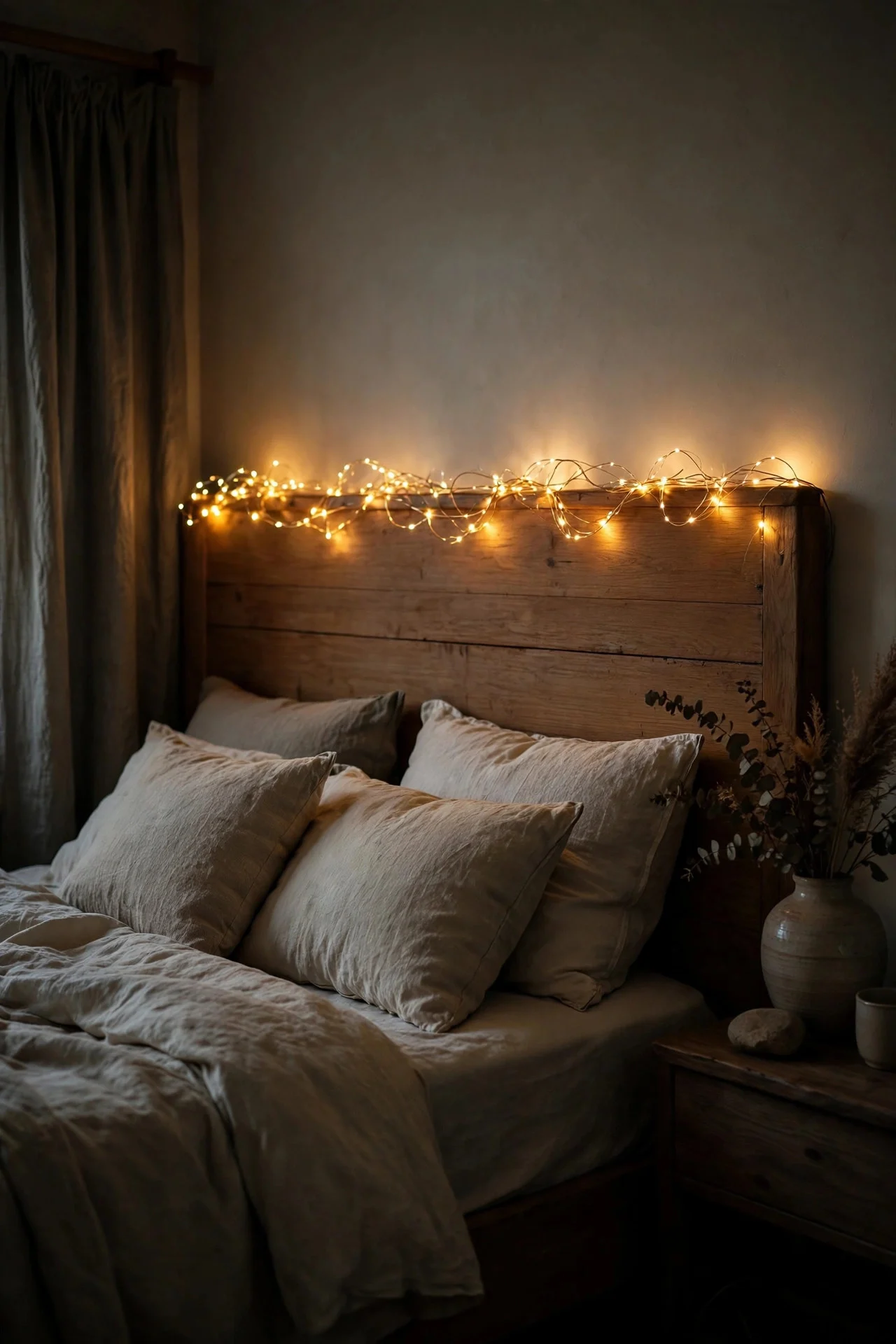 Fairy lights woven along a bedroom headboard