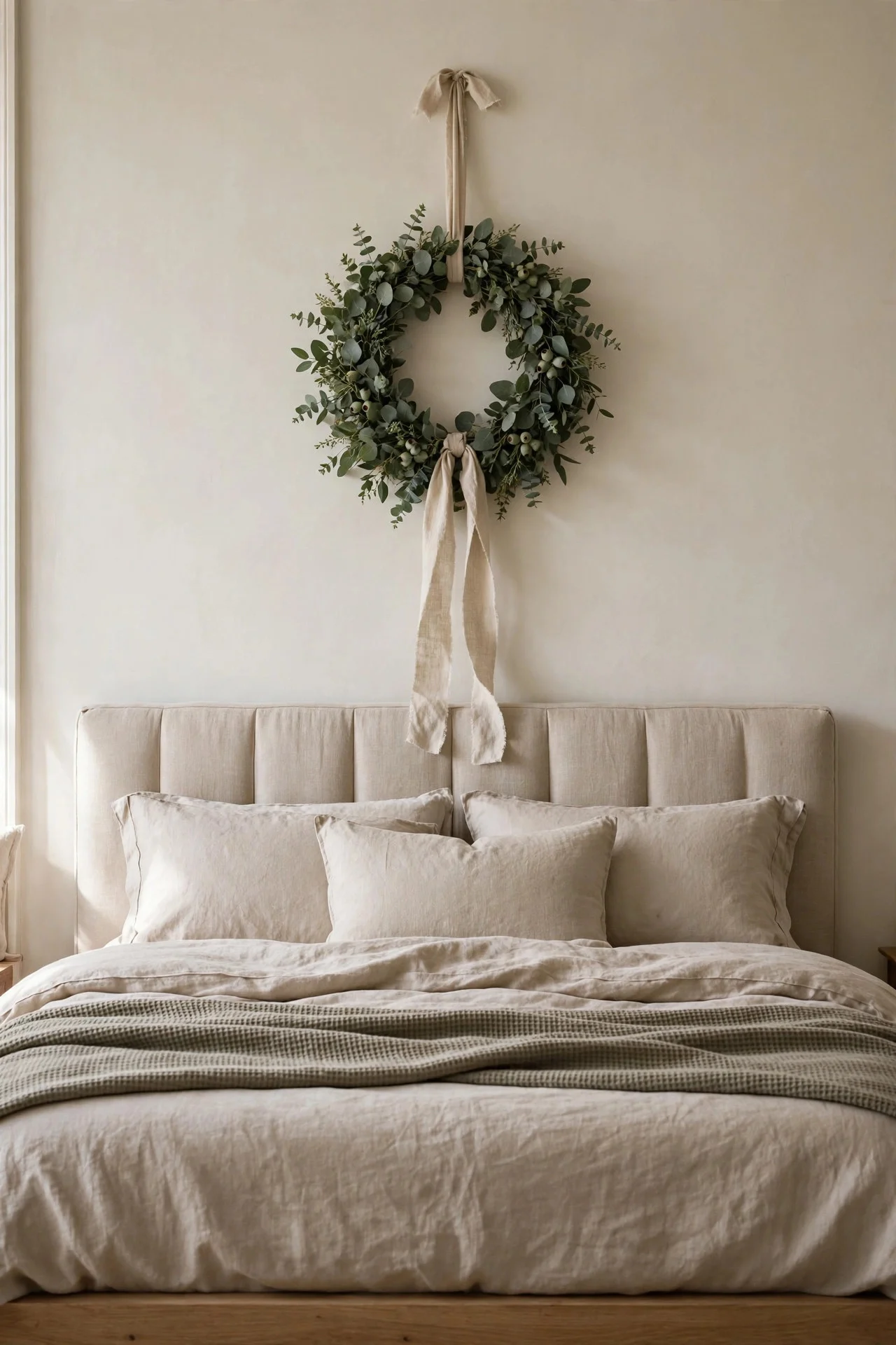 Eucalyptus wreath hung above a bed headboard