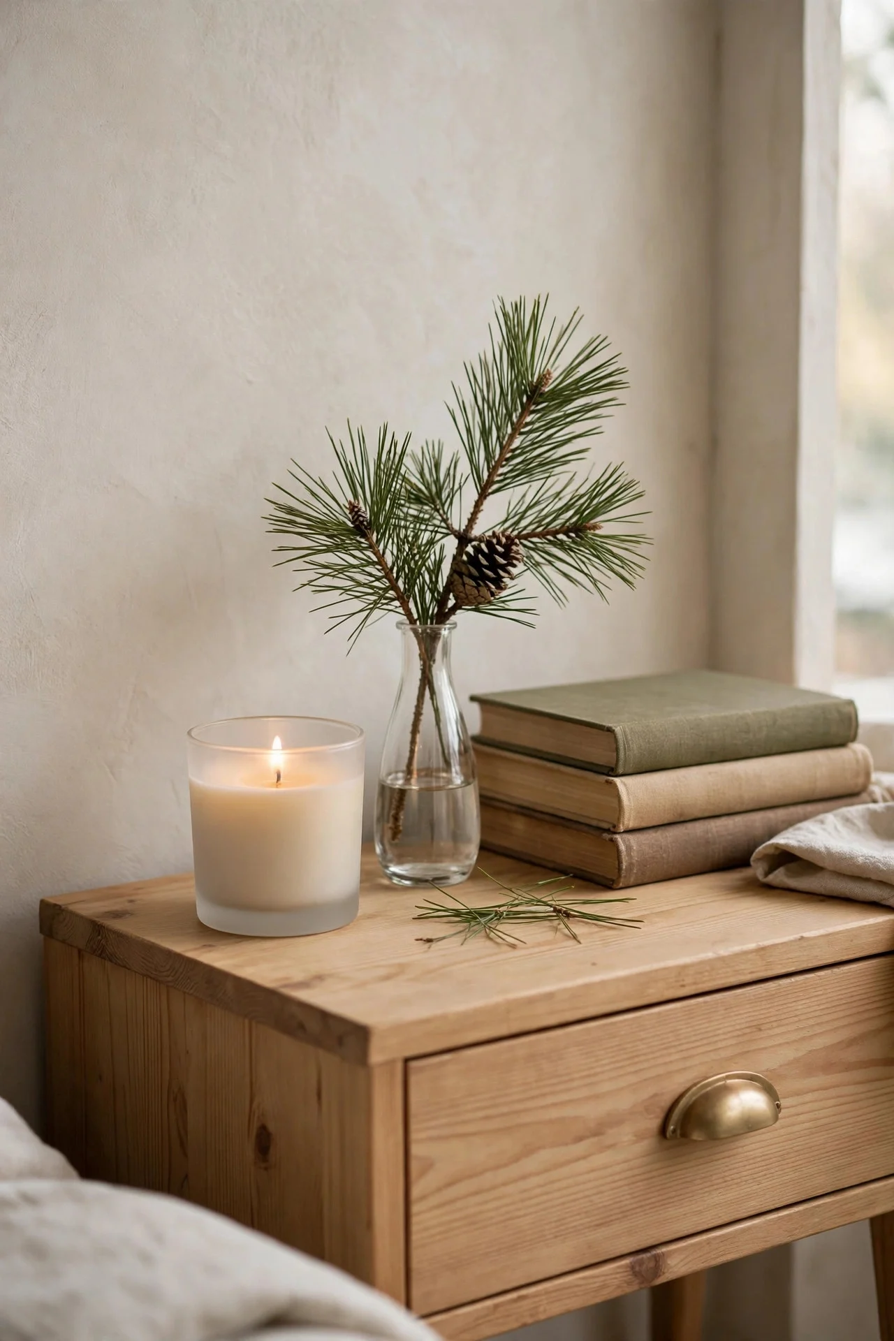 Christmas nightstand vignette with candle and pine sprig