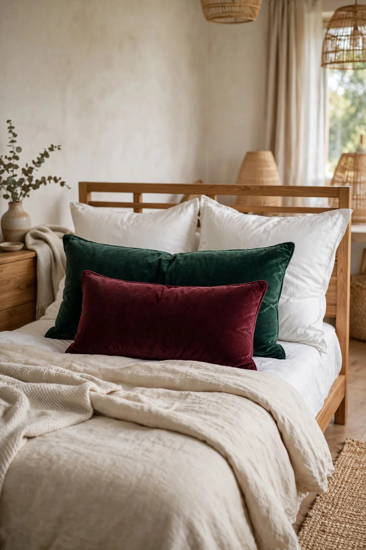 Velvet accent pillows in green and burgundy on a bed