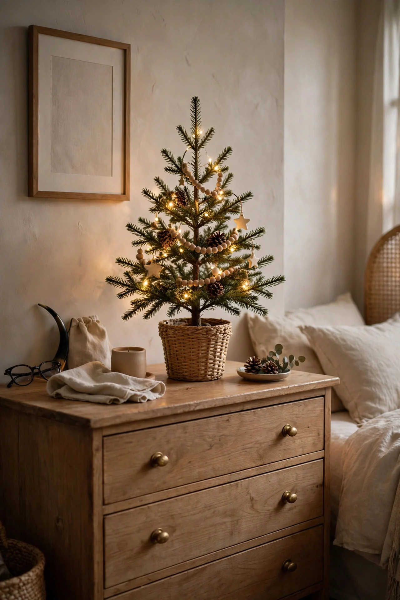 Mini Christmas tree decorated on a bedroom dresser