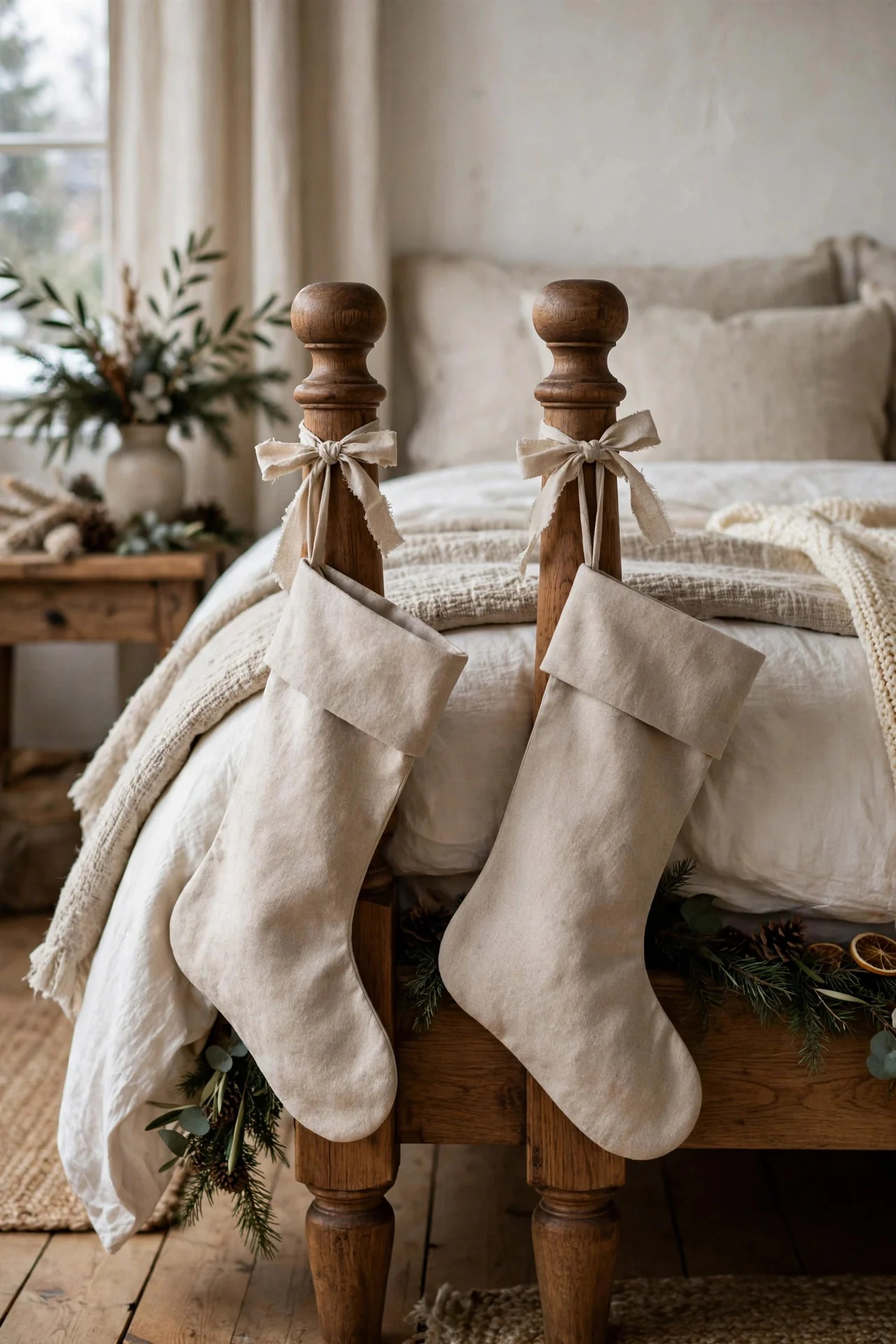 Christmas stockings hanging from bedposts