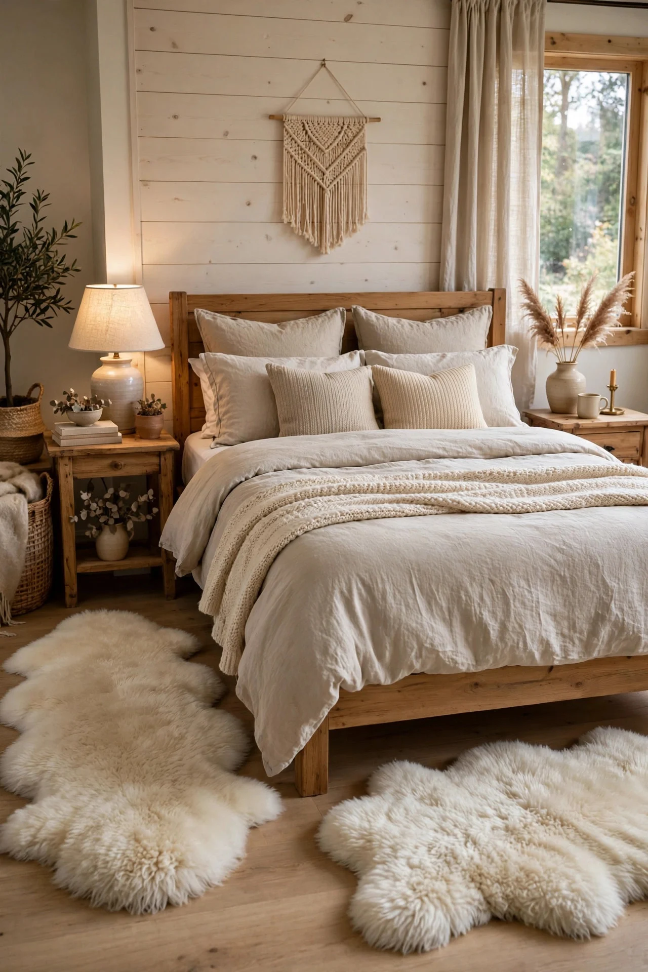 Faux sheepskin rugs beside a bed