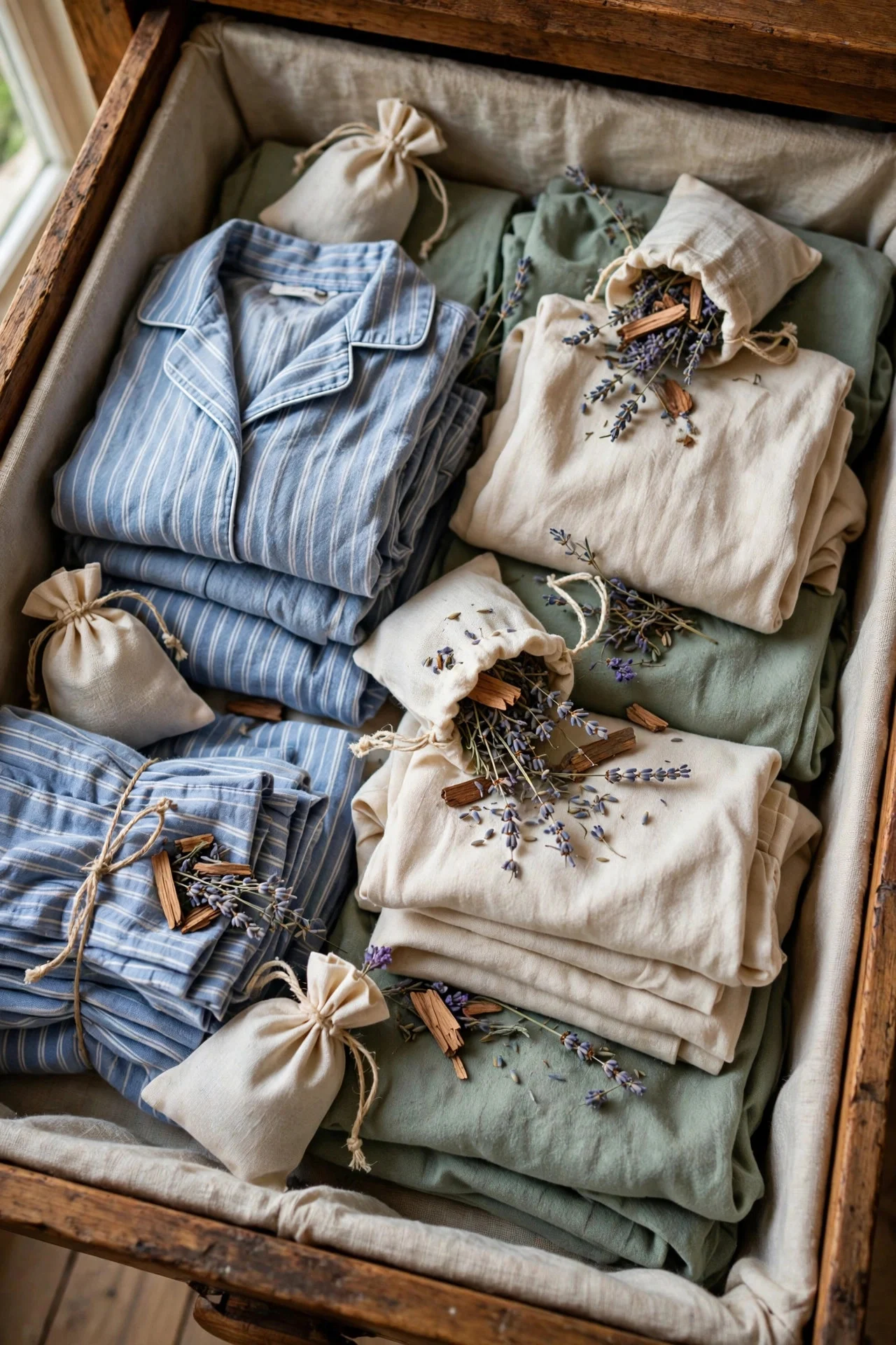 Scented sachets tucked in a pajama drawer