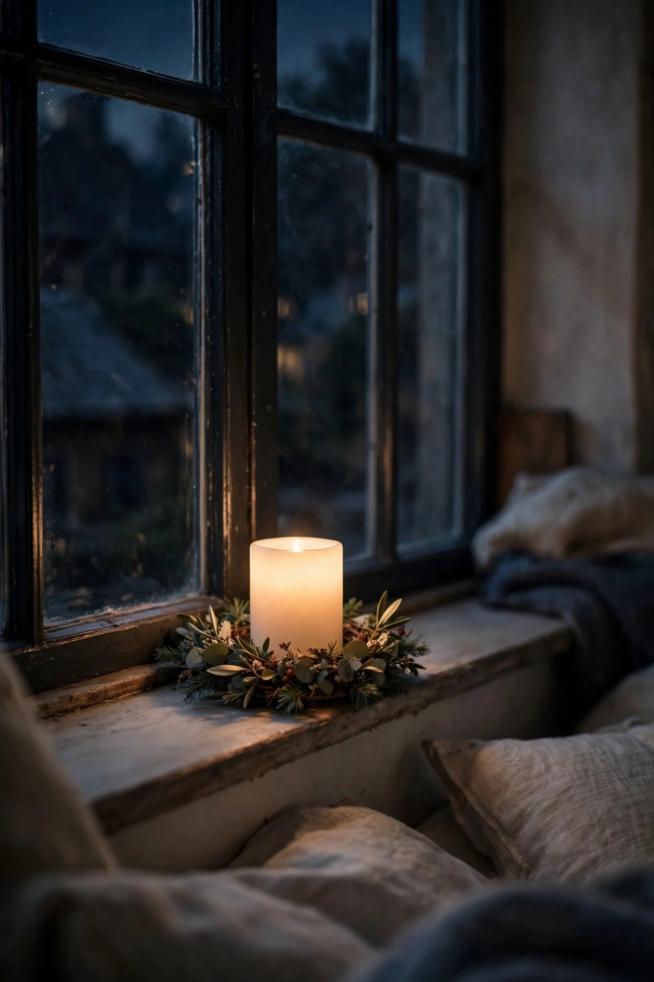 Single candle glowing on a bedroom windowsill