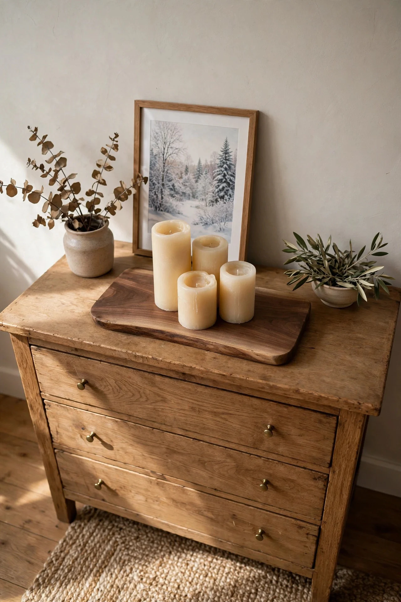 Candle cluster with winter art on a bedroom dresser