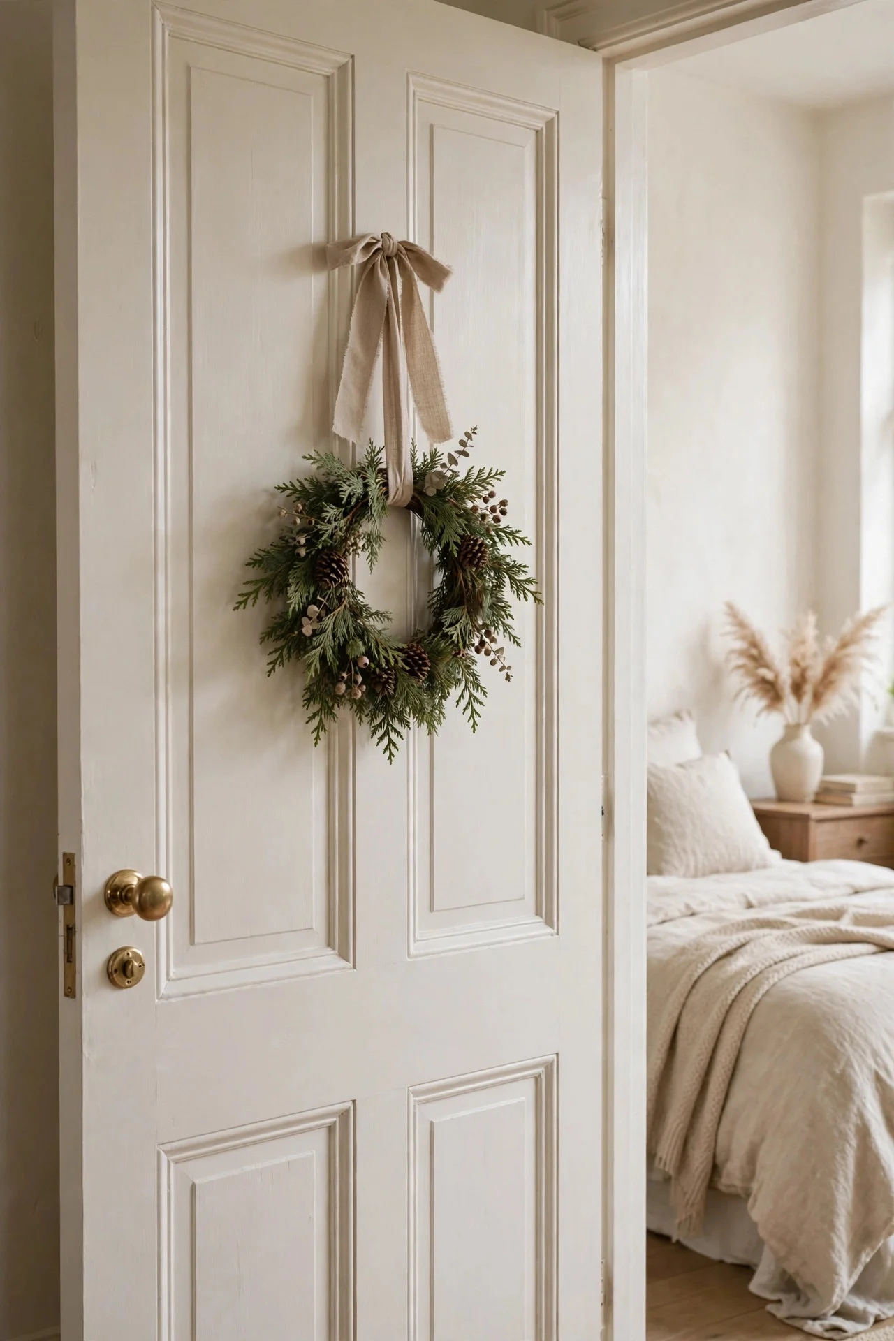Small wreath hanging on the inside of a bedroom door