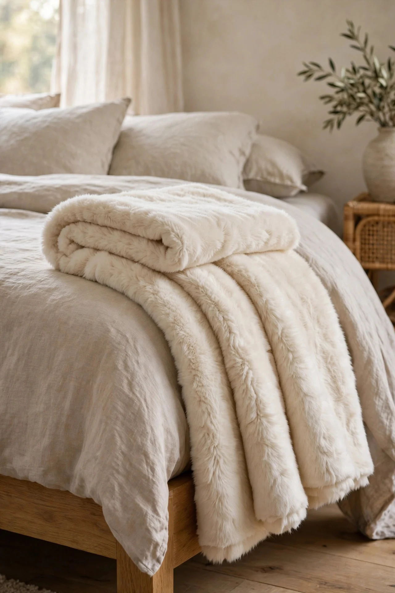 Faux fur throw draped over a bed corner