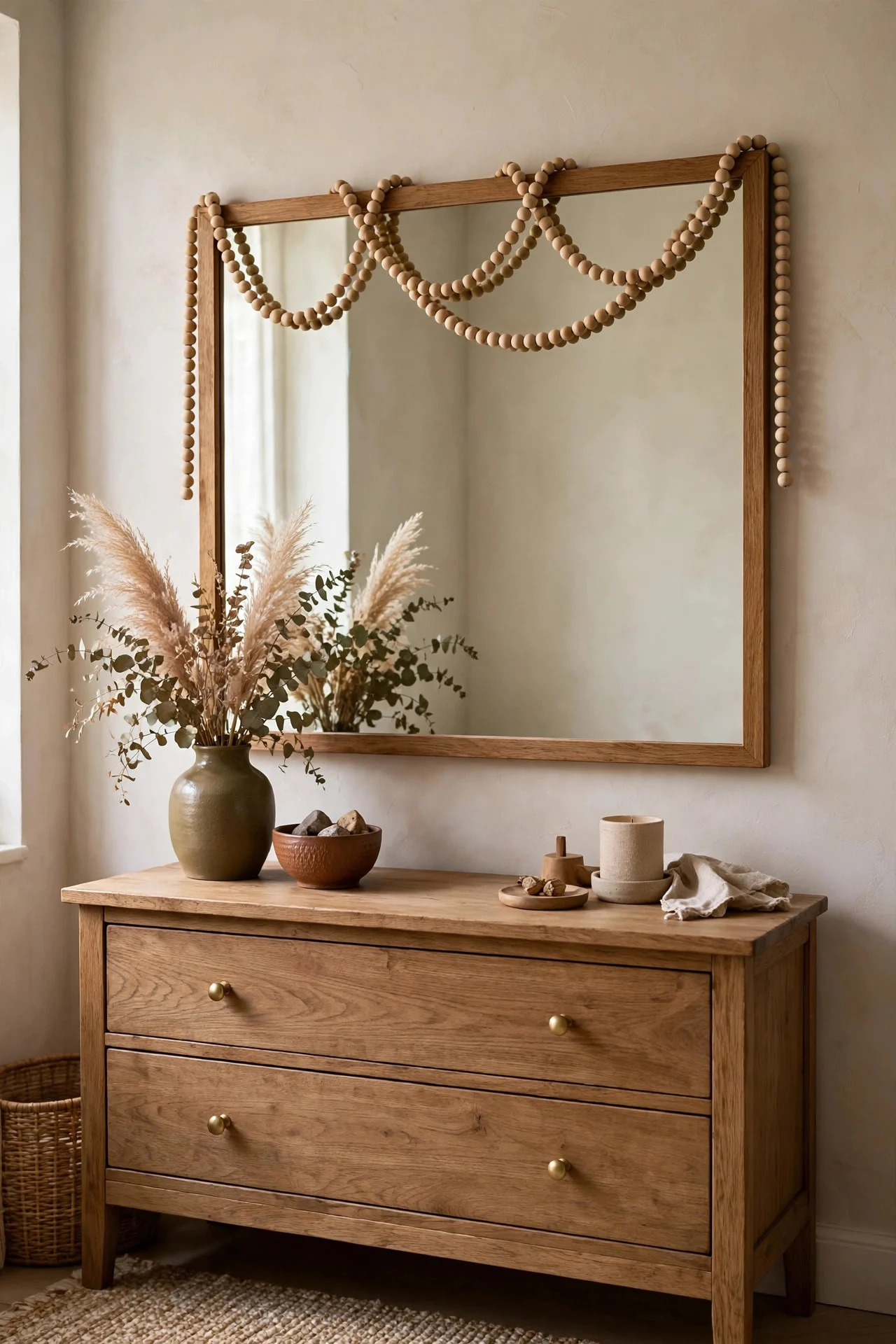 Wooden bead garland draped on a dresser mirror