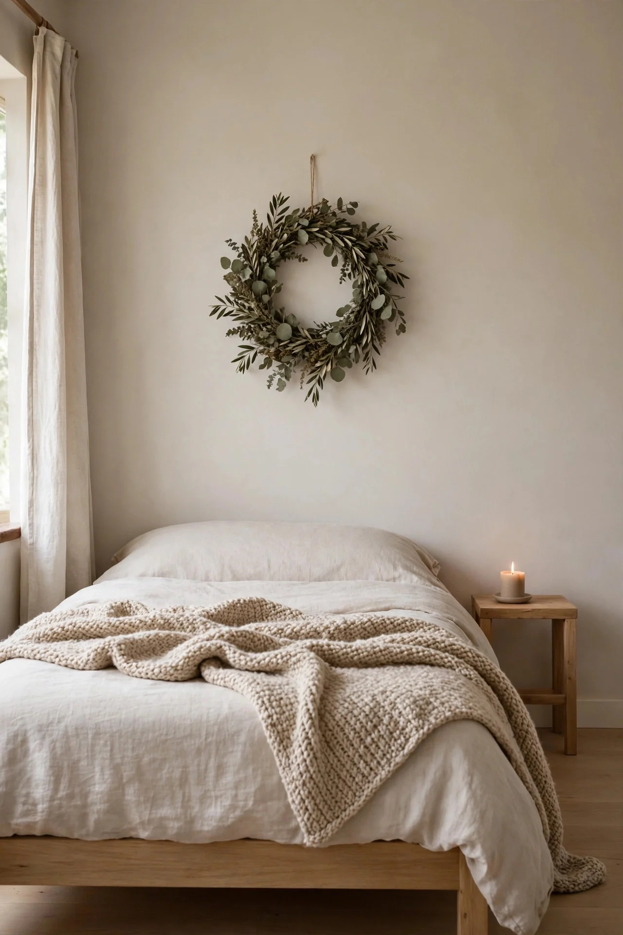 Minimalist calm Christmas bedroom with few decorations