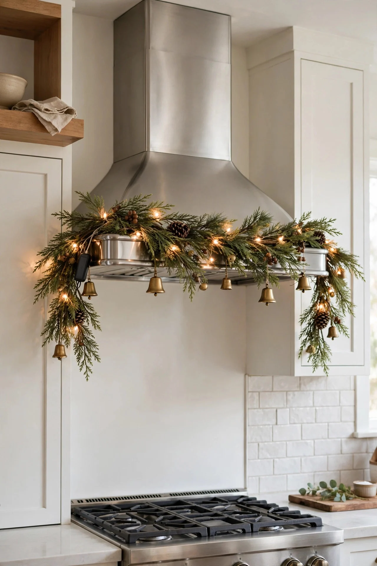 Garland with lights draped on a kitchen range hood
