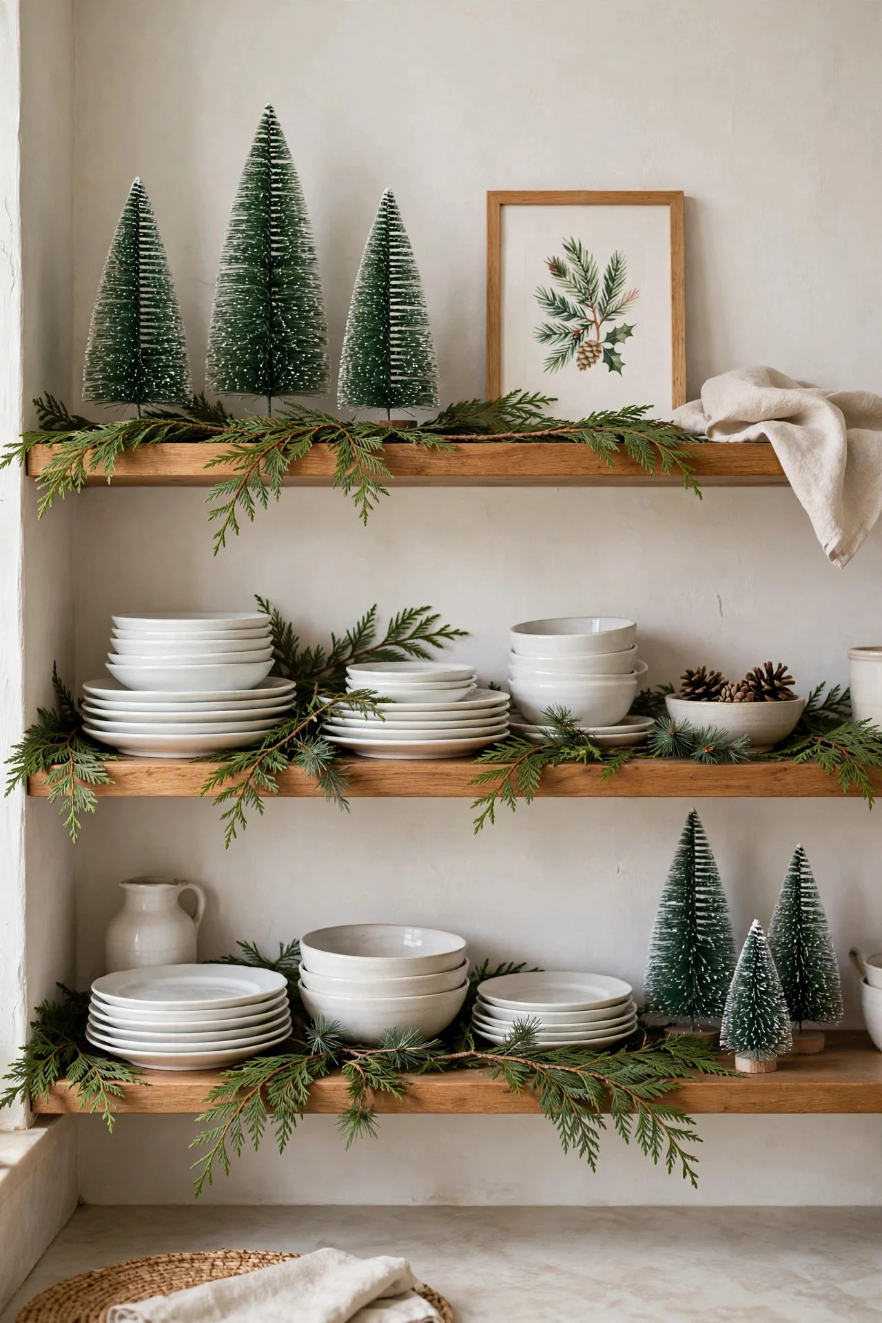 Open kitchen shelves styled with Christmas decor