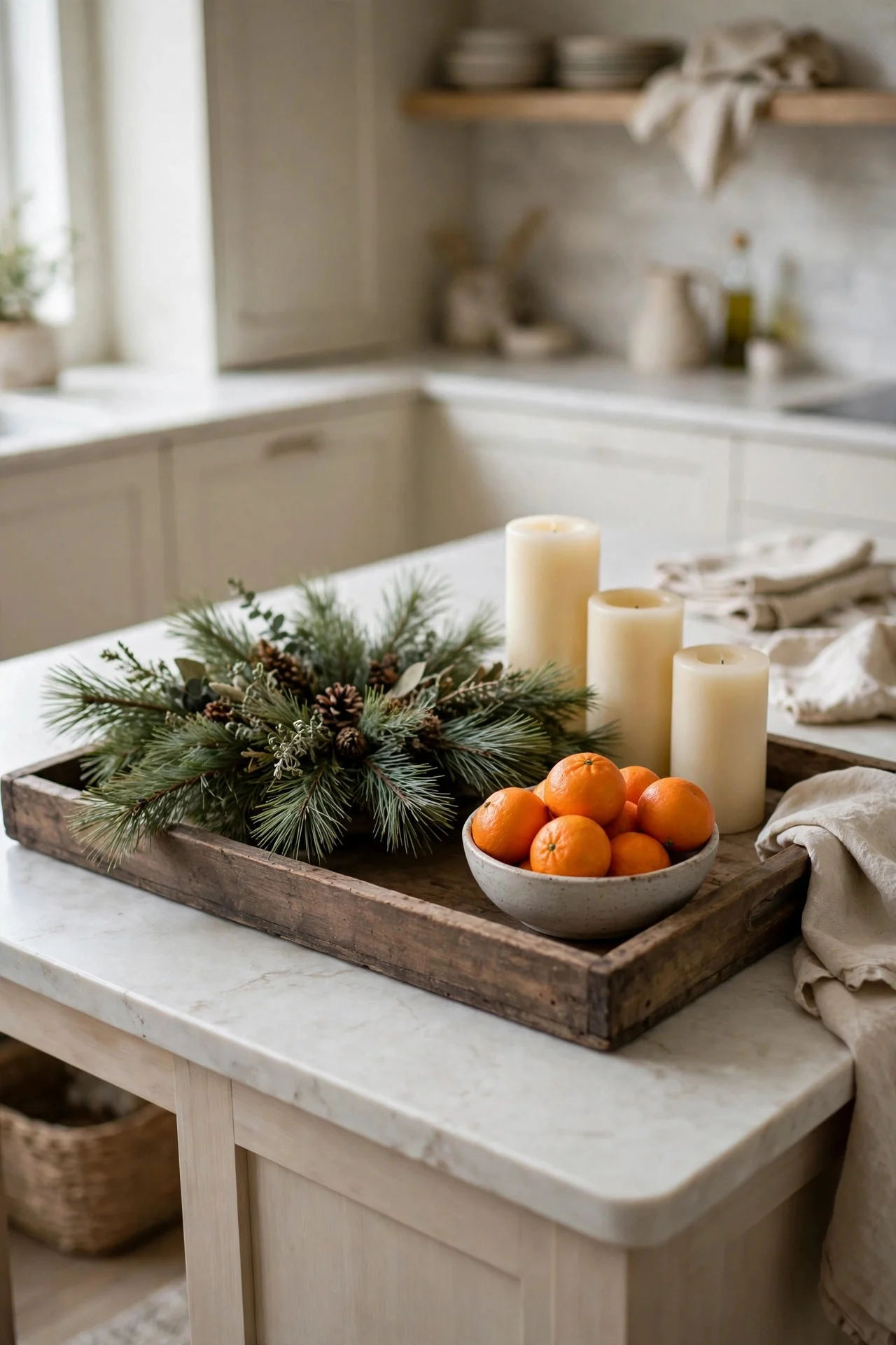 Christmas centerpiece tray on a kitchen island